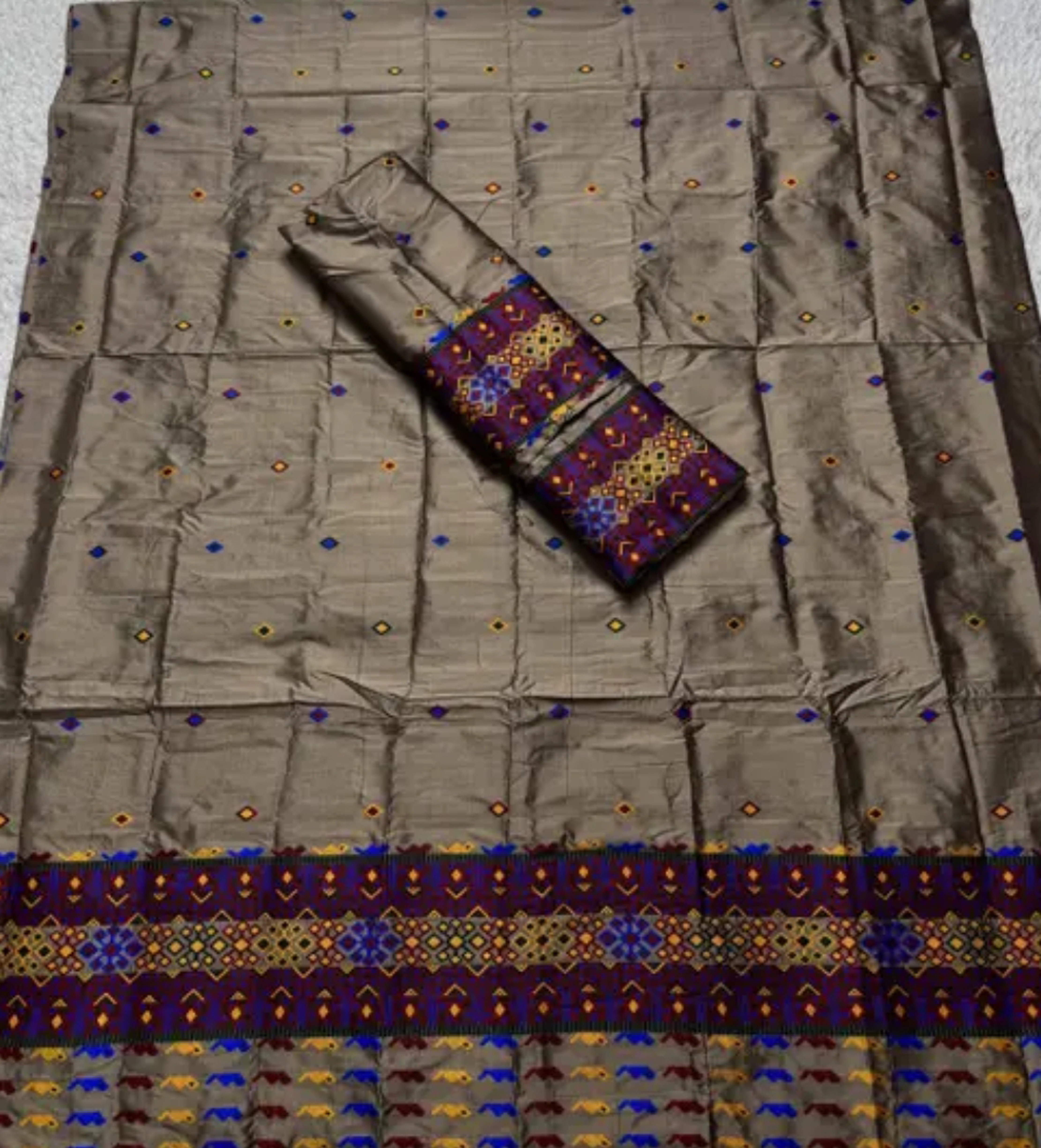 Traditional Assamese Mekhela Sador Pure Fabric Soft Silk Traditional  Design -Chiku