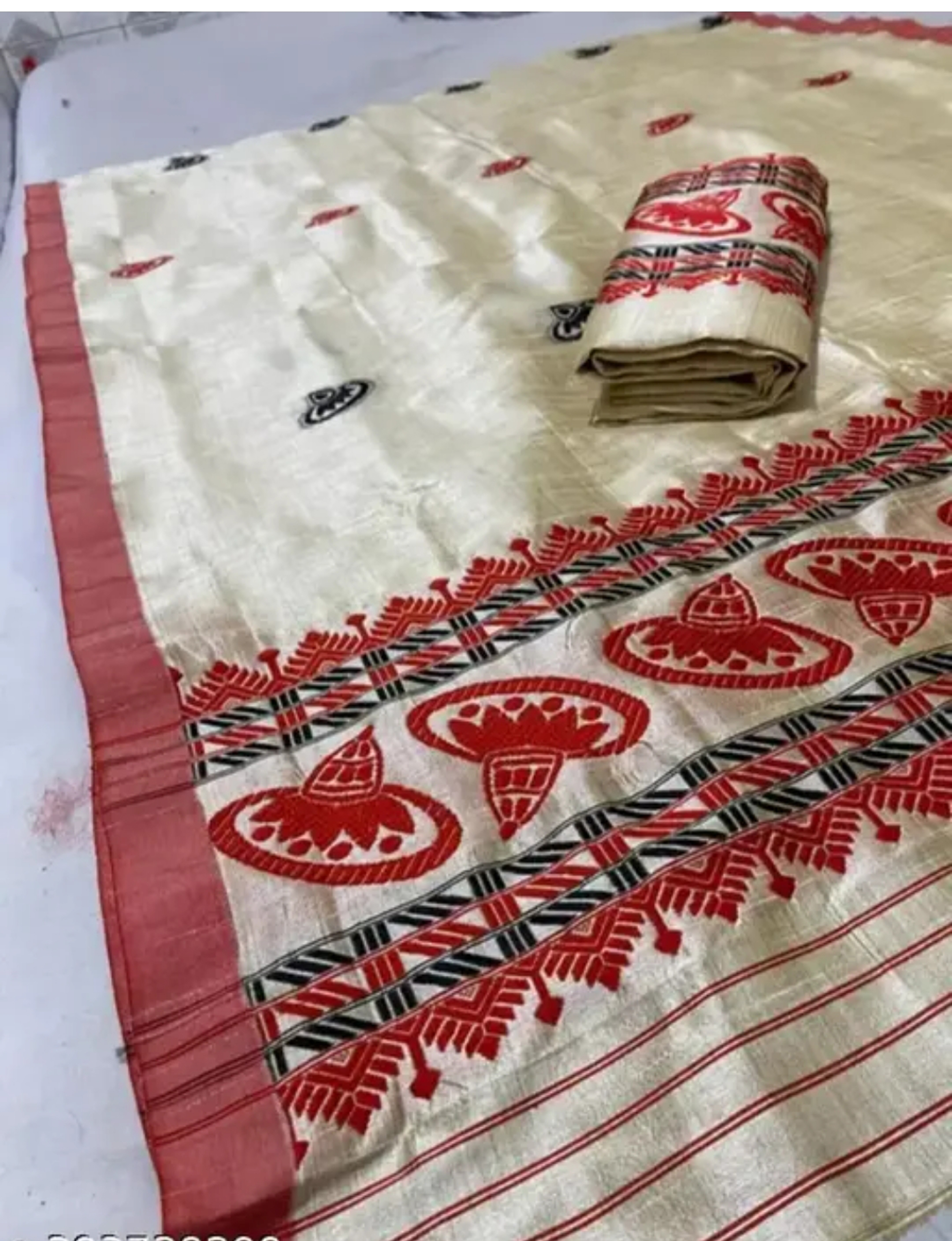  Bridal Wedding Assamese Mekhela Sador  Traditional Jhapi  Design -White red