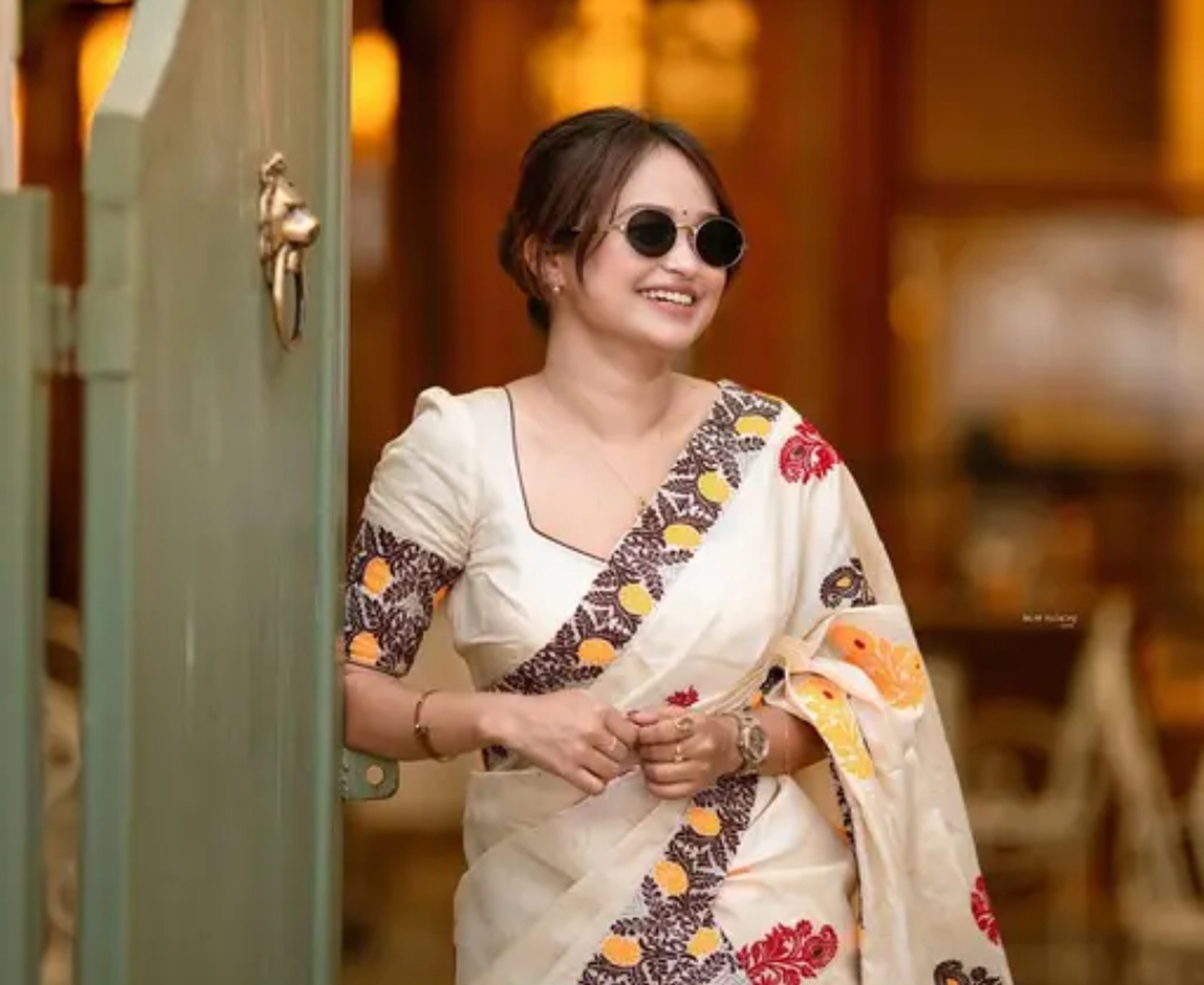 Bridal Cream Green Assamese Mekhela Sador Handcrafted Chador - Cream Ball