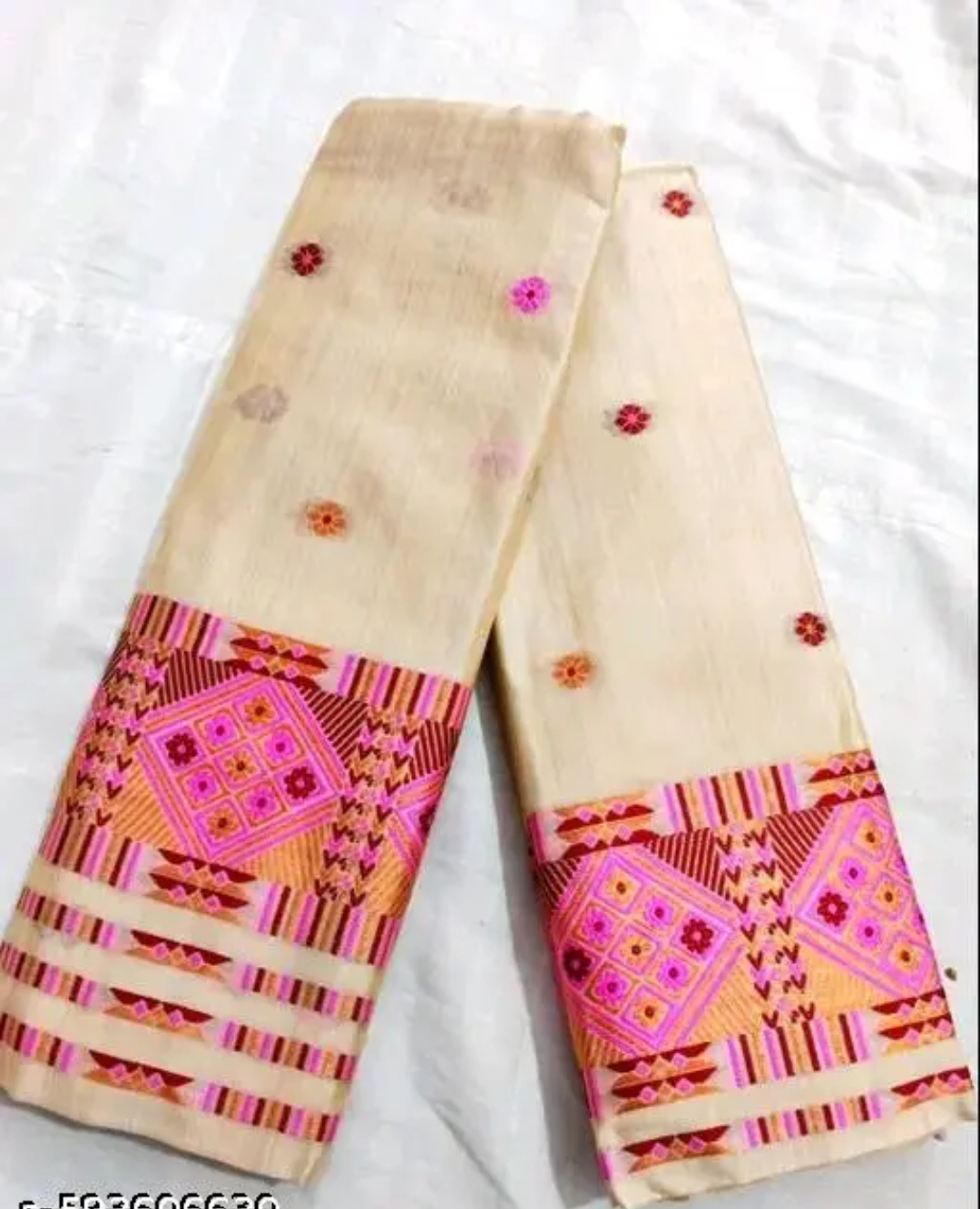 Bridal Cream Pink Assamese Mekhela Sador Handcrafted Chador