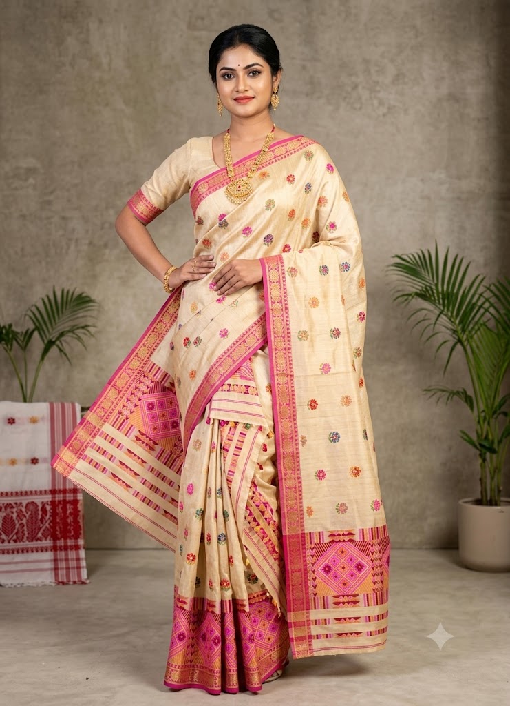 Bridal Cream Pink Assamese Mekhela Sador Handcrafted Chador