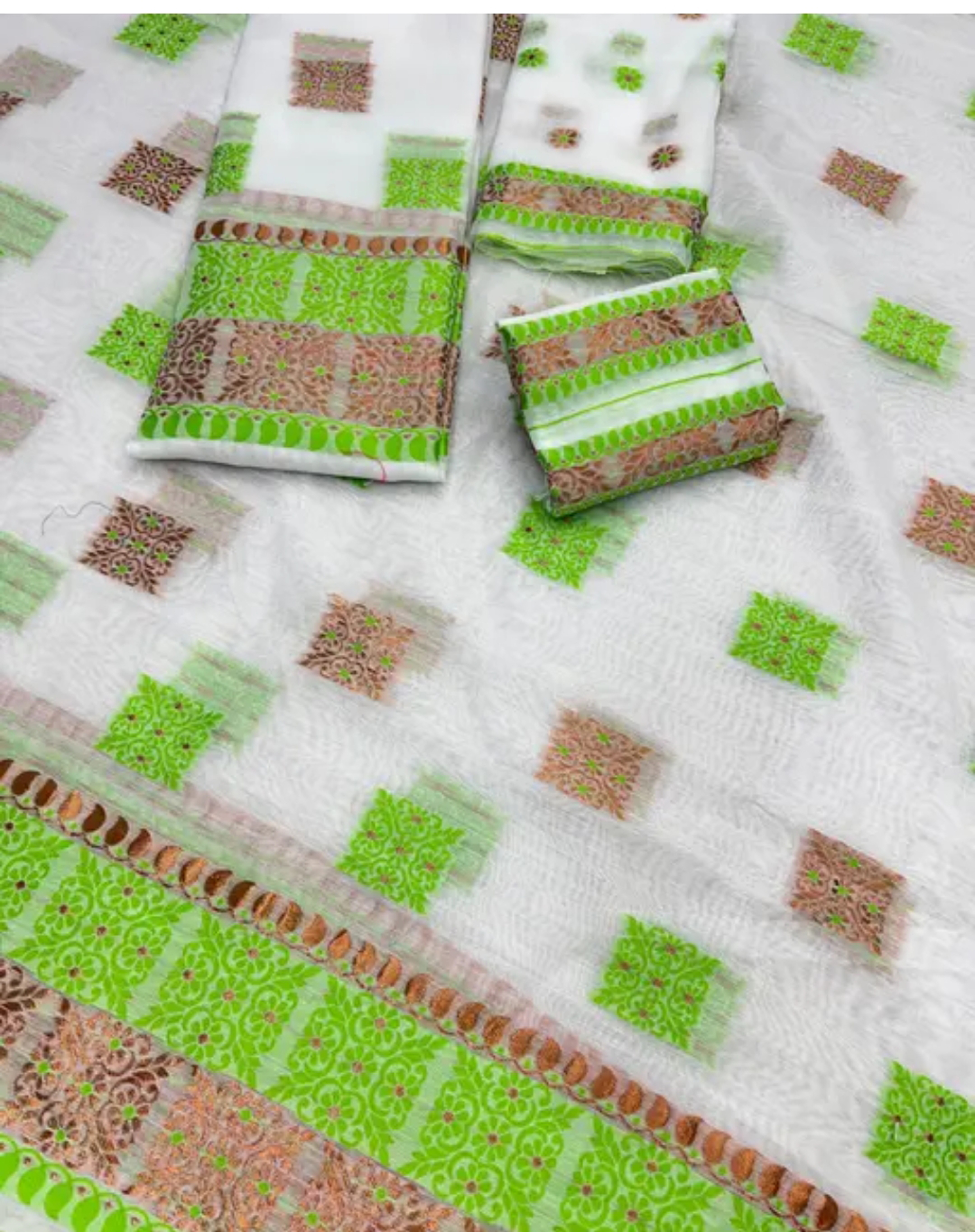 Assamese Mekhela White Green Embroidery Sador Chador