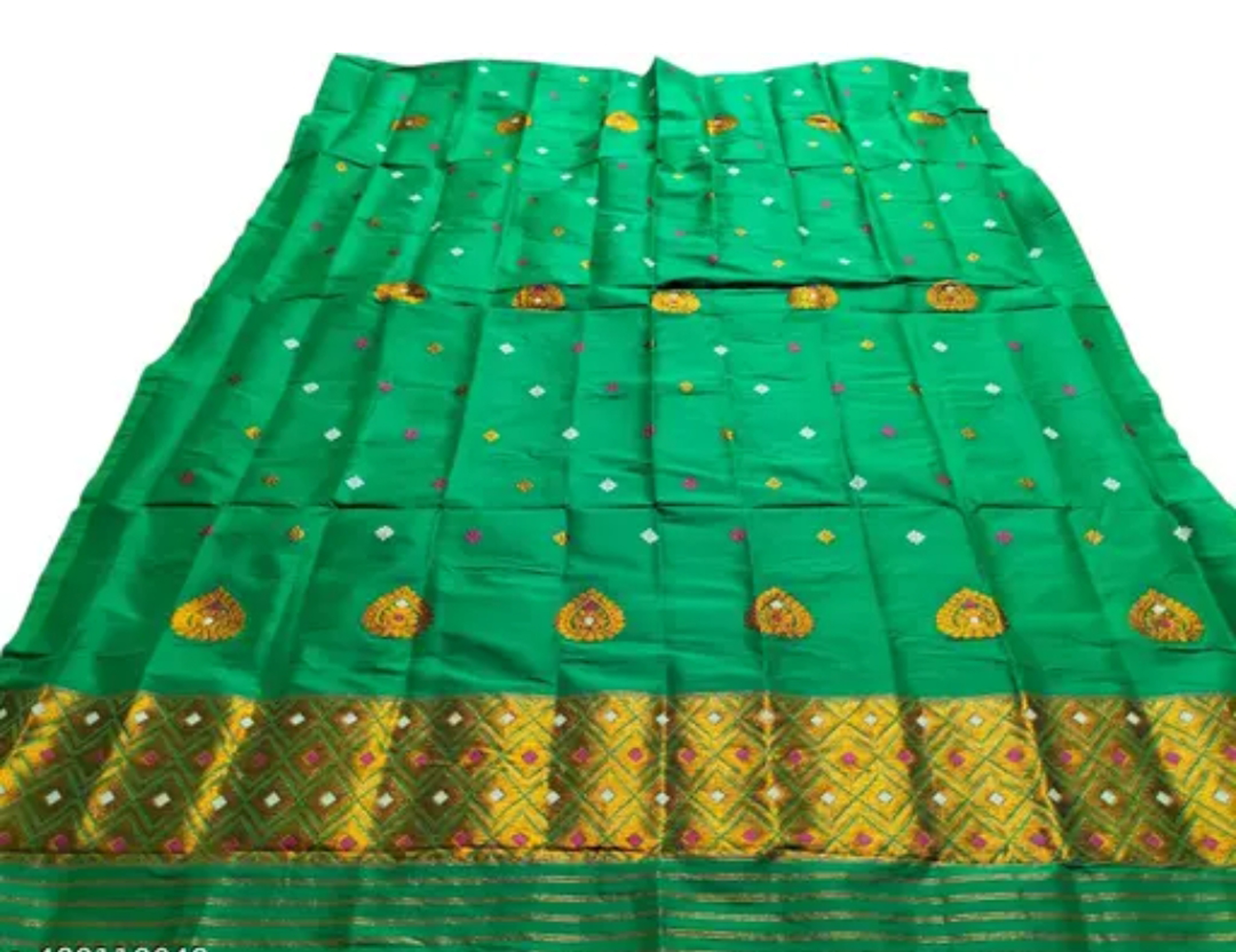 Women`s Bridal Wedding Assamese Mekhela Sador -Green Gold