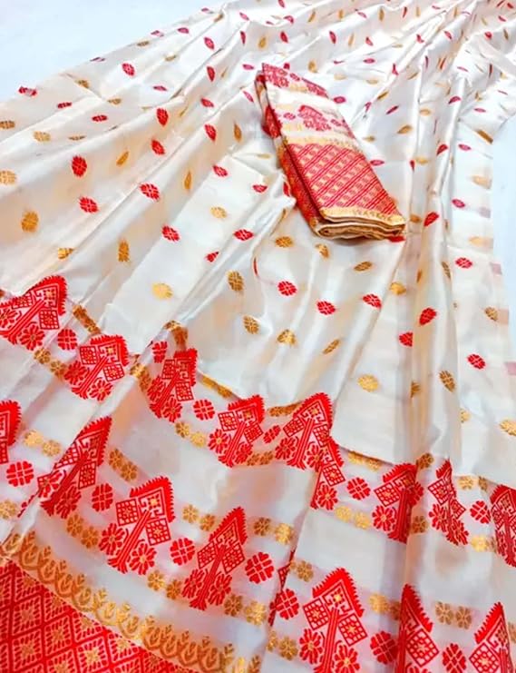 Women`s Assamese Mekhela Sador Santal Panchi Lungi Parhar Fabric of Soft Silk Traditional Design- White Red Orange Buti