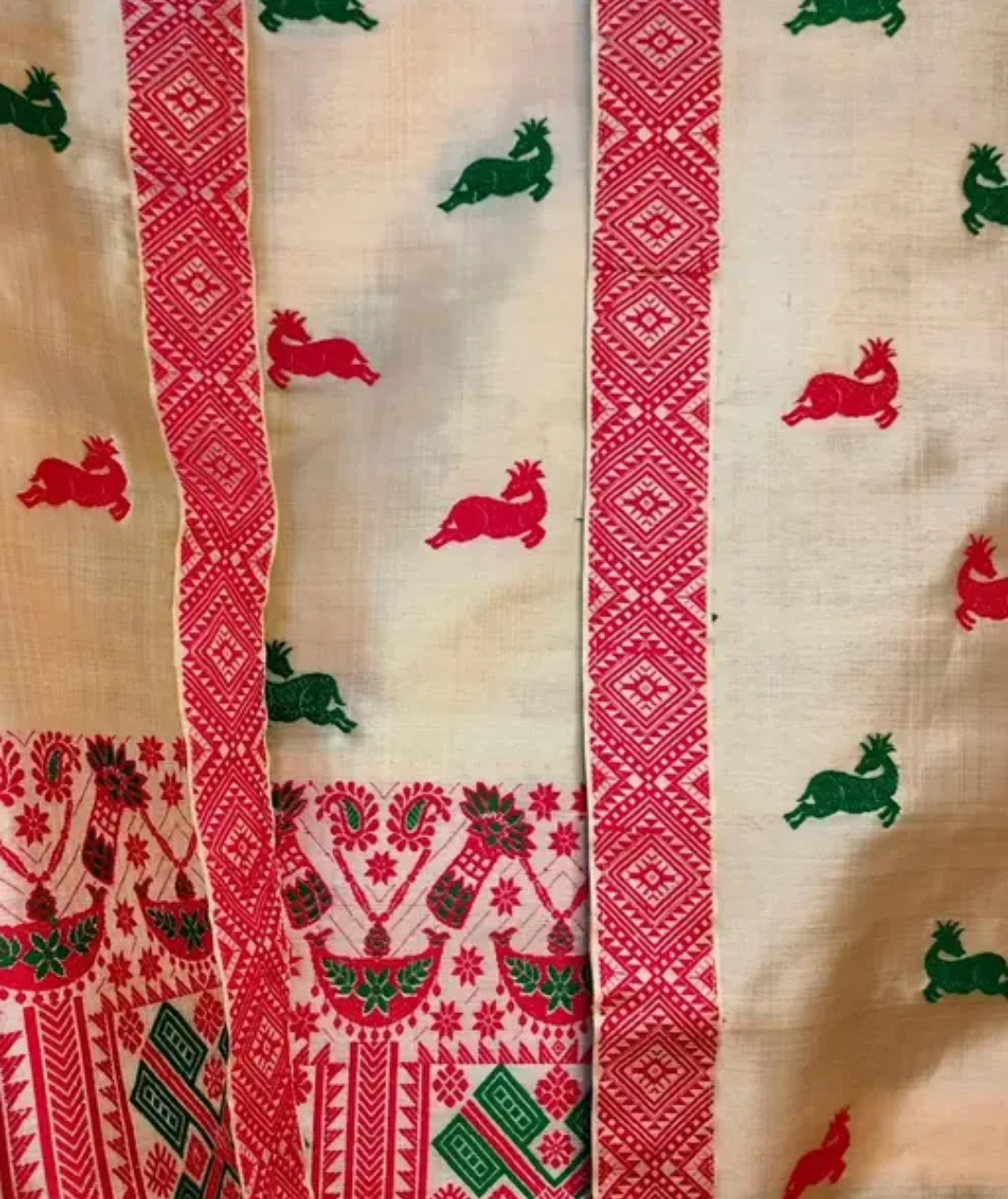 Bridal Cream Green Assamese Mekhela Sador Handcrafted Chador - Cream Red