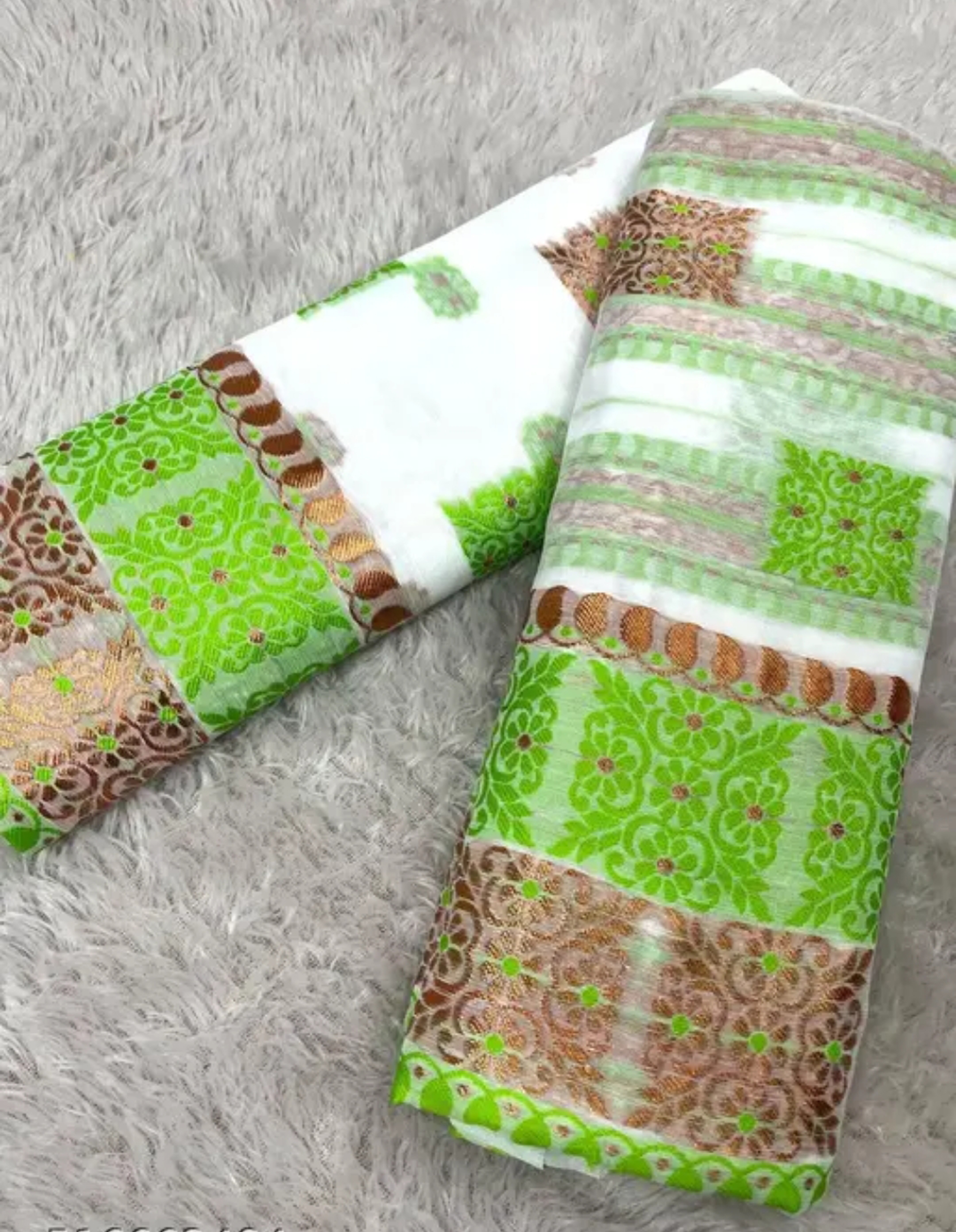 Assamese Mekhela White Green Embroidery Sador Chador