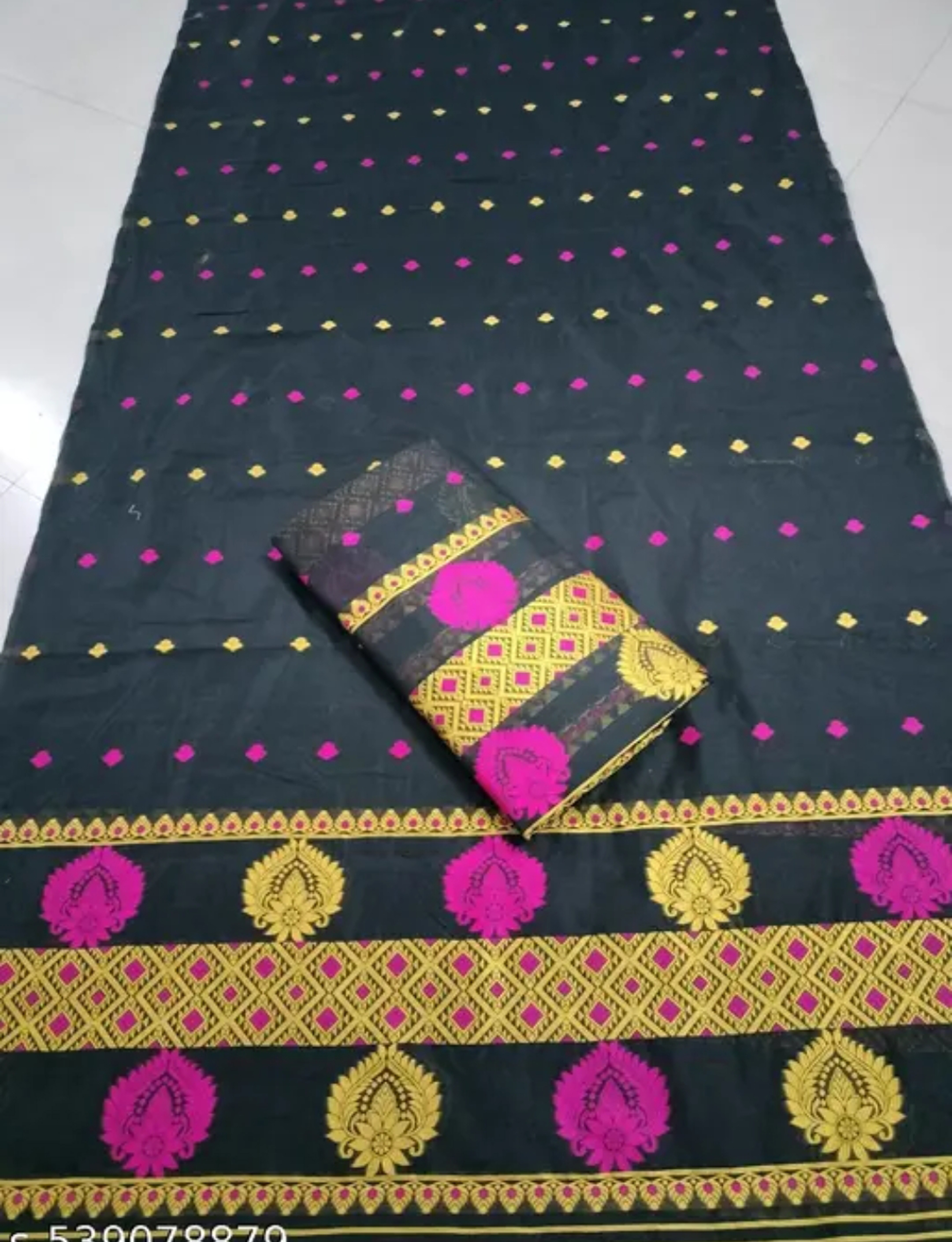 Traditional Assamese Mekhela Sador Pure Fabric Soft Silk Traditional Jhapi Design - Black purple