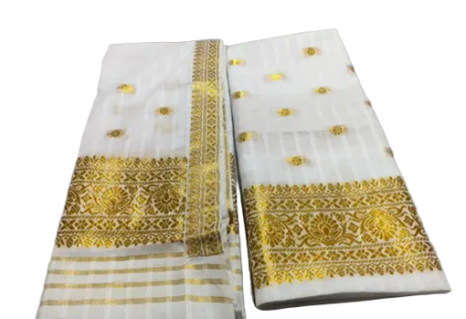 Women`s Assamese Mekhela Sador Paat Santal Panchi Lungi Parhar Fabric of Soft Silk Traditional Design- White Gold