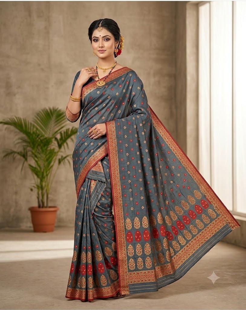 Bridal Cream Green Assamese Mekhela Sador Handcrafted Chador - Grey Gold