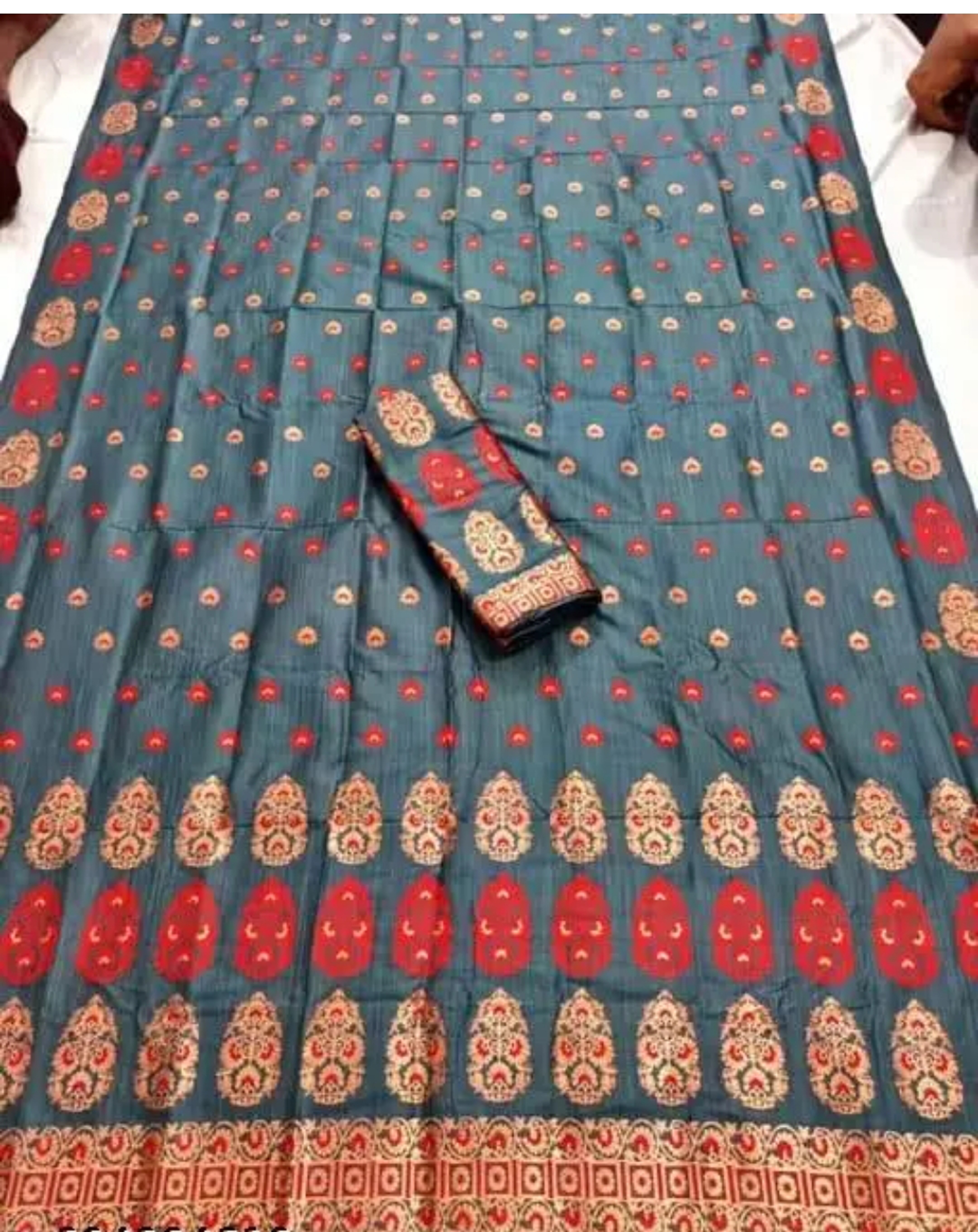 Bridal Cream Green Assamese Mekhela Sador Handcrafted Chador - Grey Gold