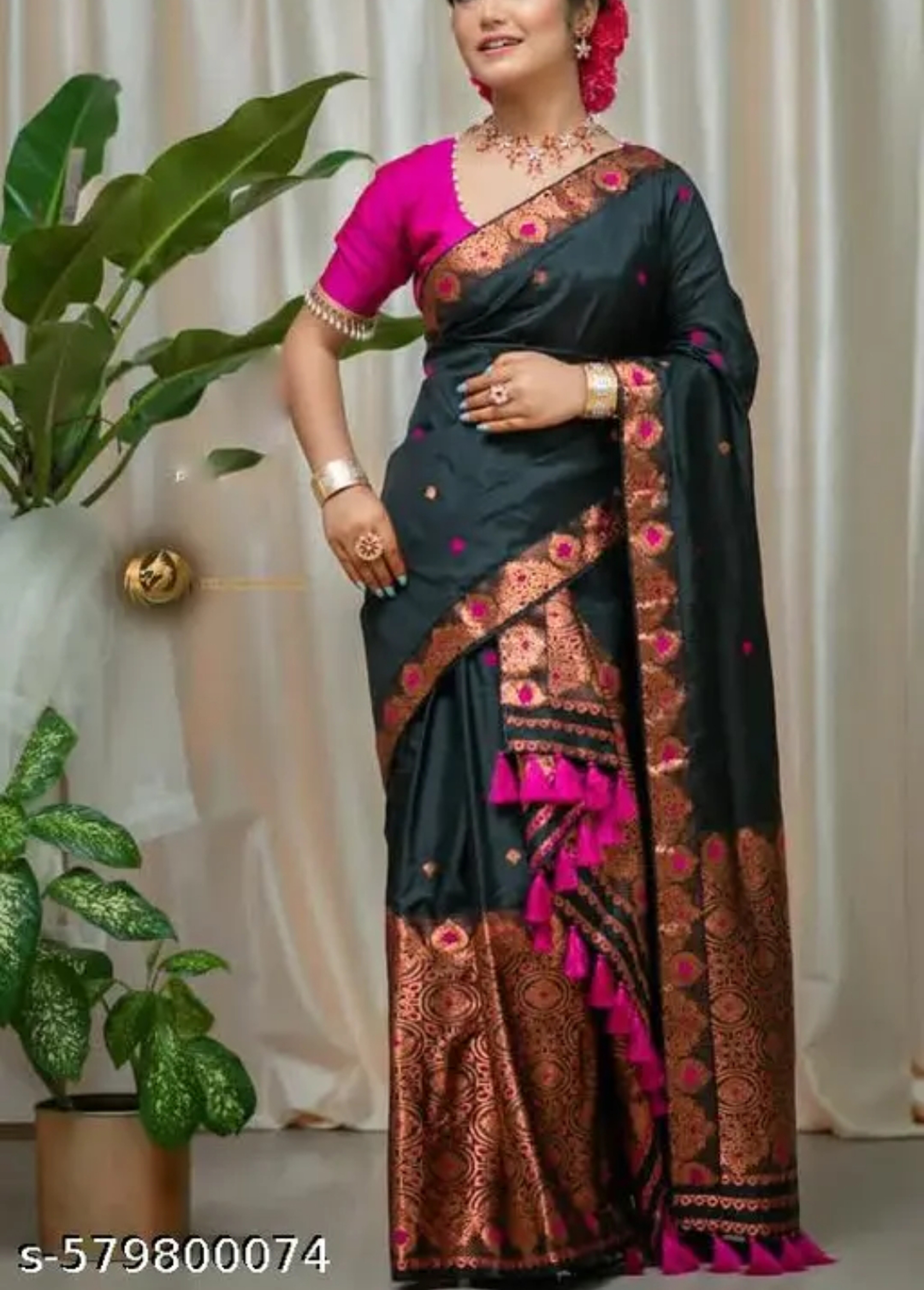 Bridal Cream Green Assamese Mekhela Sador Handcrafted Chador - Black Pink
