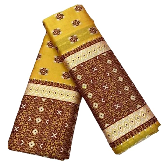 Women`s Bridal Assamese Mekhela Sador Jura Santal Panchi Parhar Pure Fabric Soft Silk Traditional Design- Yellow Brown