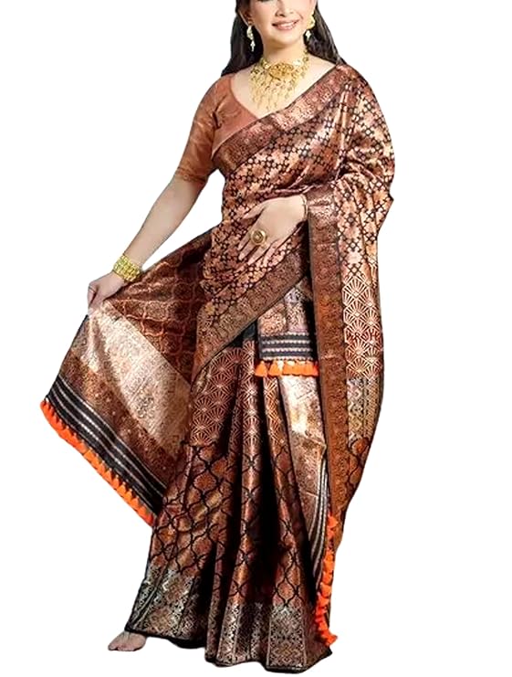 Women`s Assamese Mekhela Sador Jura Santal Panchi Lungi Parhar Pure Fabric of Soft Silk Traditional Design- Brown