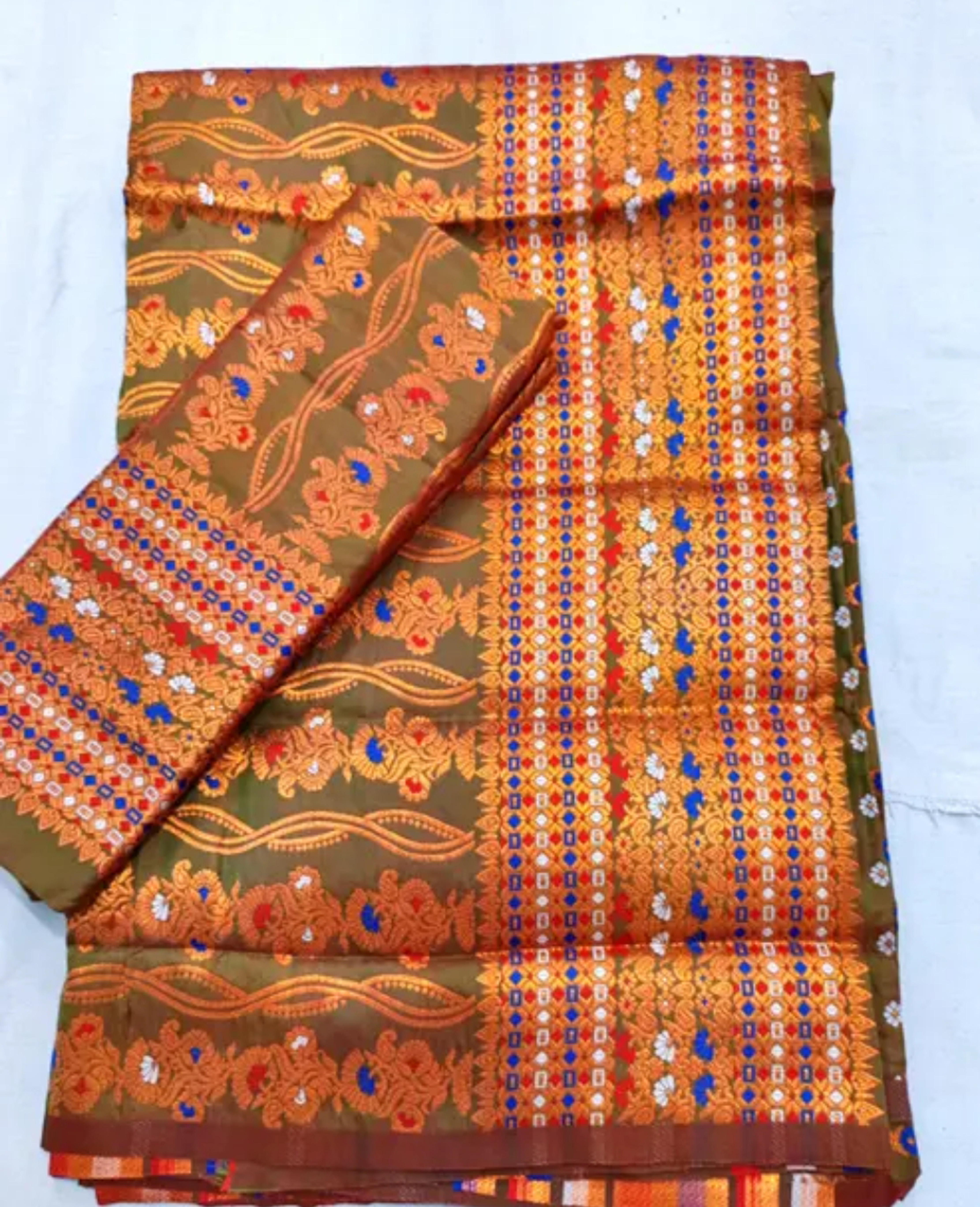 Assamese Mekhela Sador Paat SantalTraditional Design- Orange