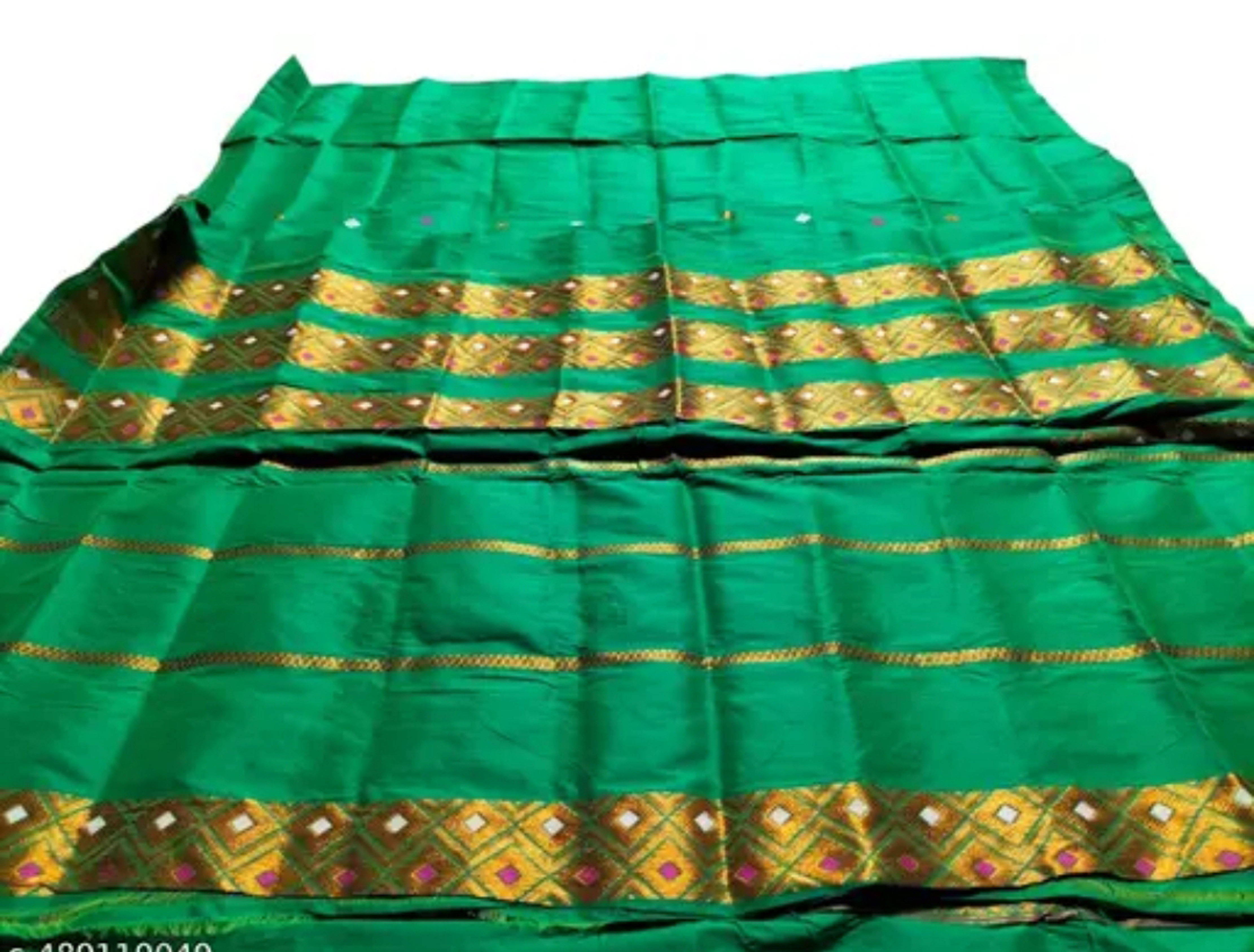 Women`s Bridal Wedding Assamese Mekhela Sador -Green Gold