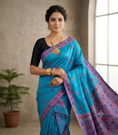 Bridal Cream Green Assamese Mekhela Sador Handcrafted Chador - Sky Blue