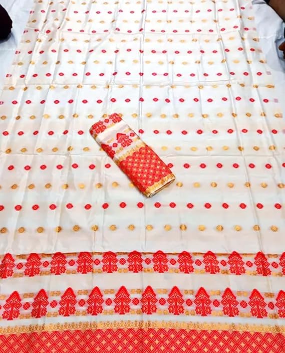 Women`s Assamese Mekhela Sador Santal Panchi Lungi Parhar Fabric of Soft Silk Traditional Design- White Red Orange Buti