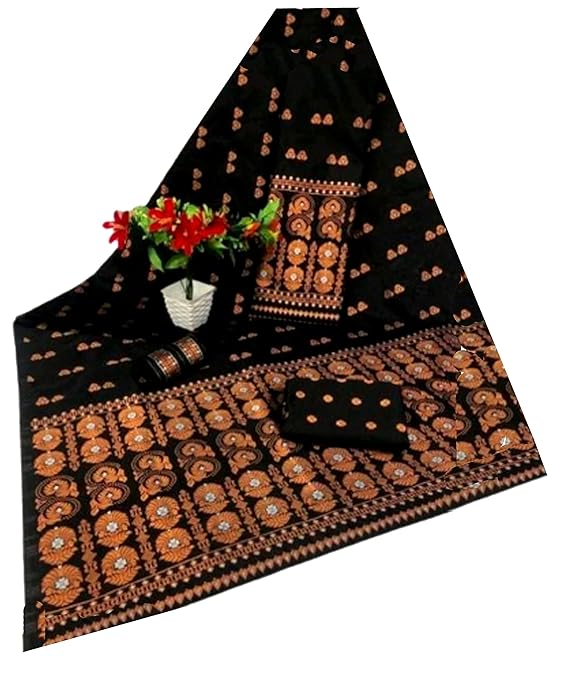 Women`s Bridal Assamese Mekhela Sador Jura Santal Panchi Lungi Parhar Pure Fabric of Soft Silk Traditional Design- Black