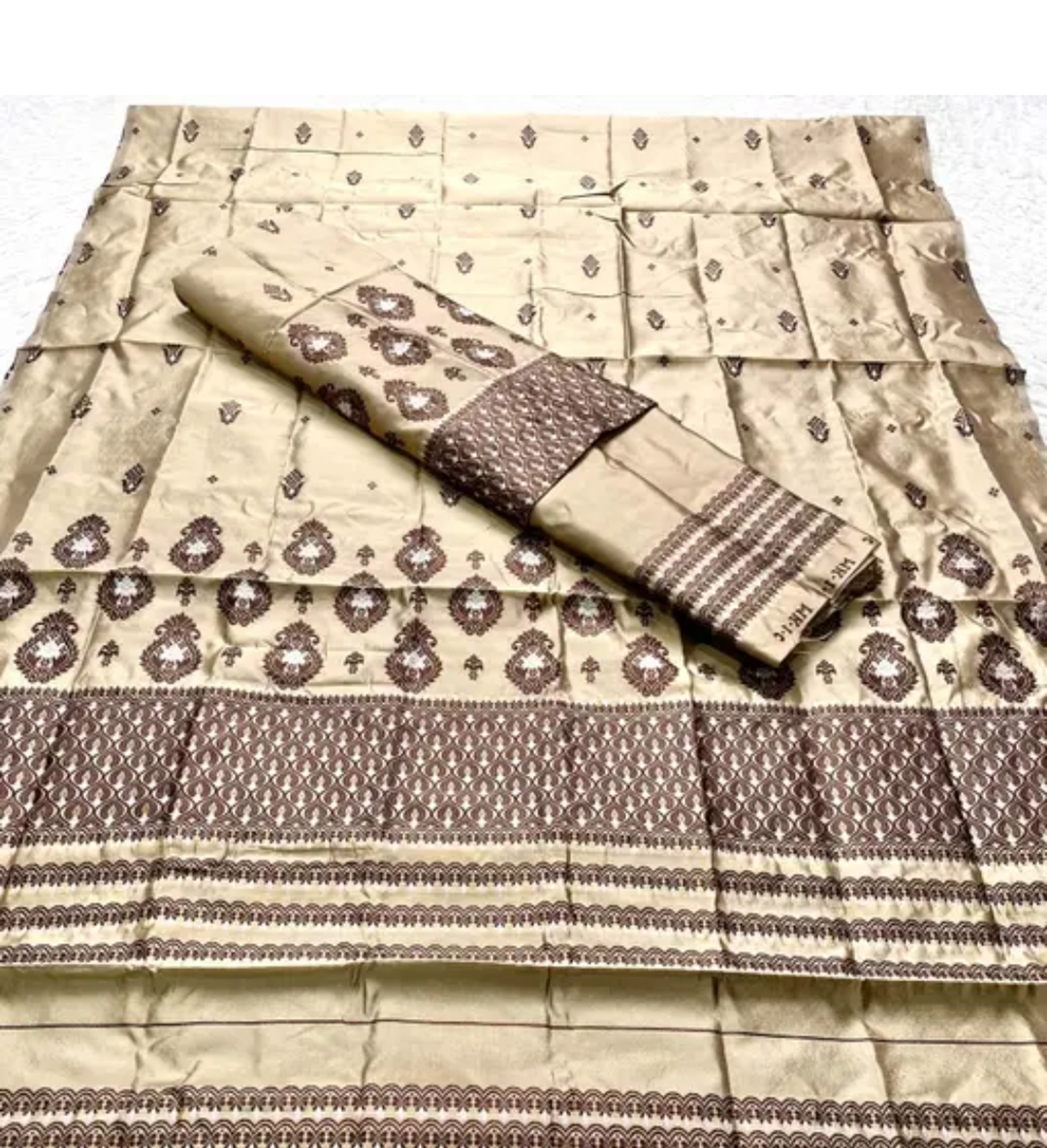 Traditional Assamese Mekhela Sador Pure Fabric Soft Silk Traditional Design - Cream Brown