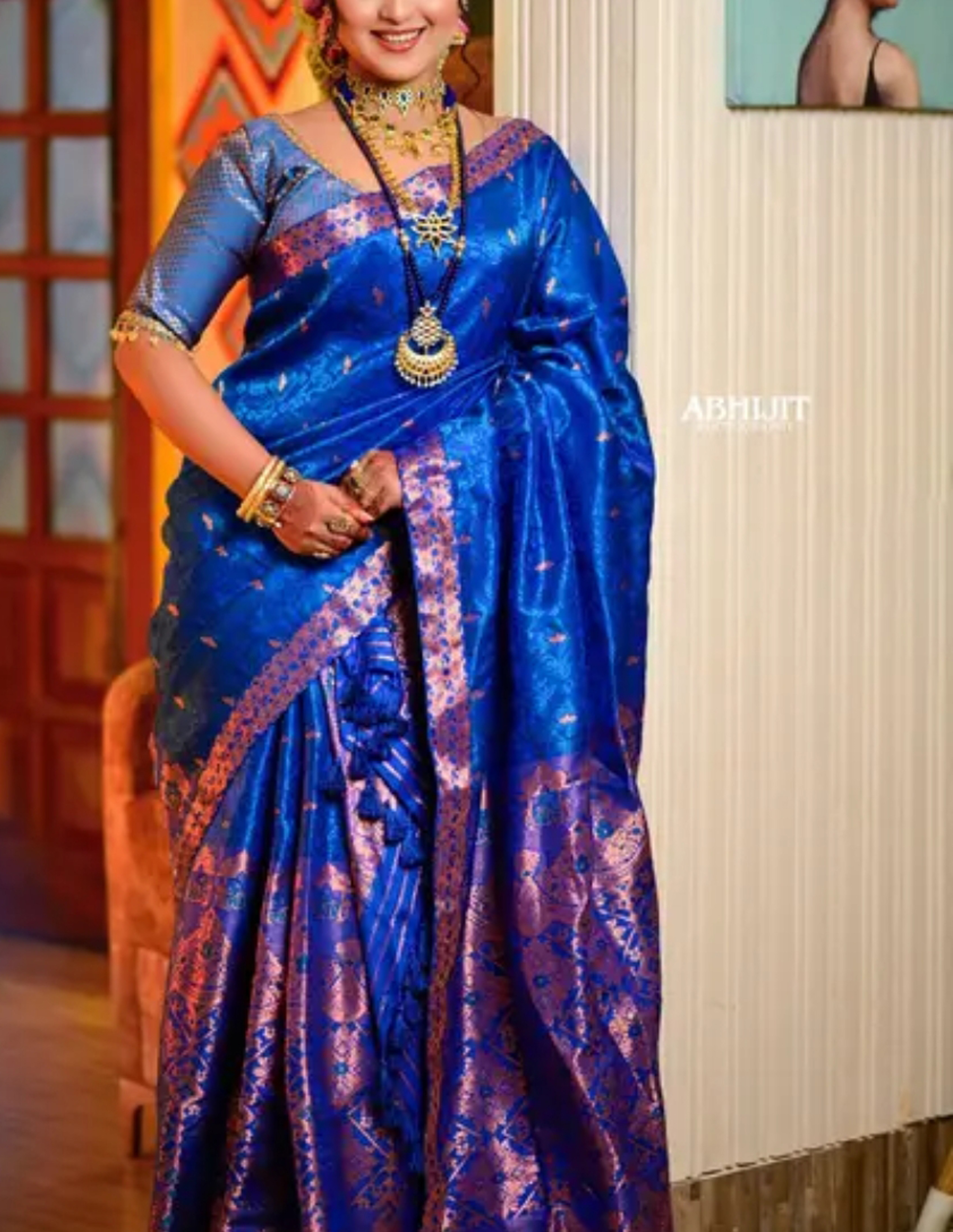 Bridal Blue Assamese Mekhela Sador Handcrafted Chador