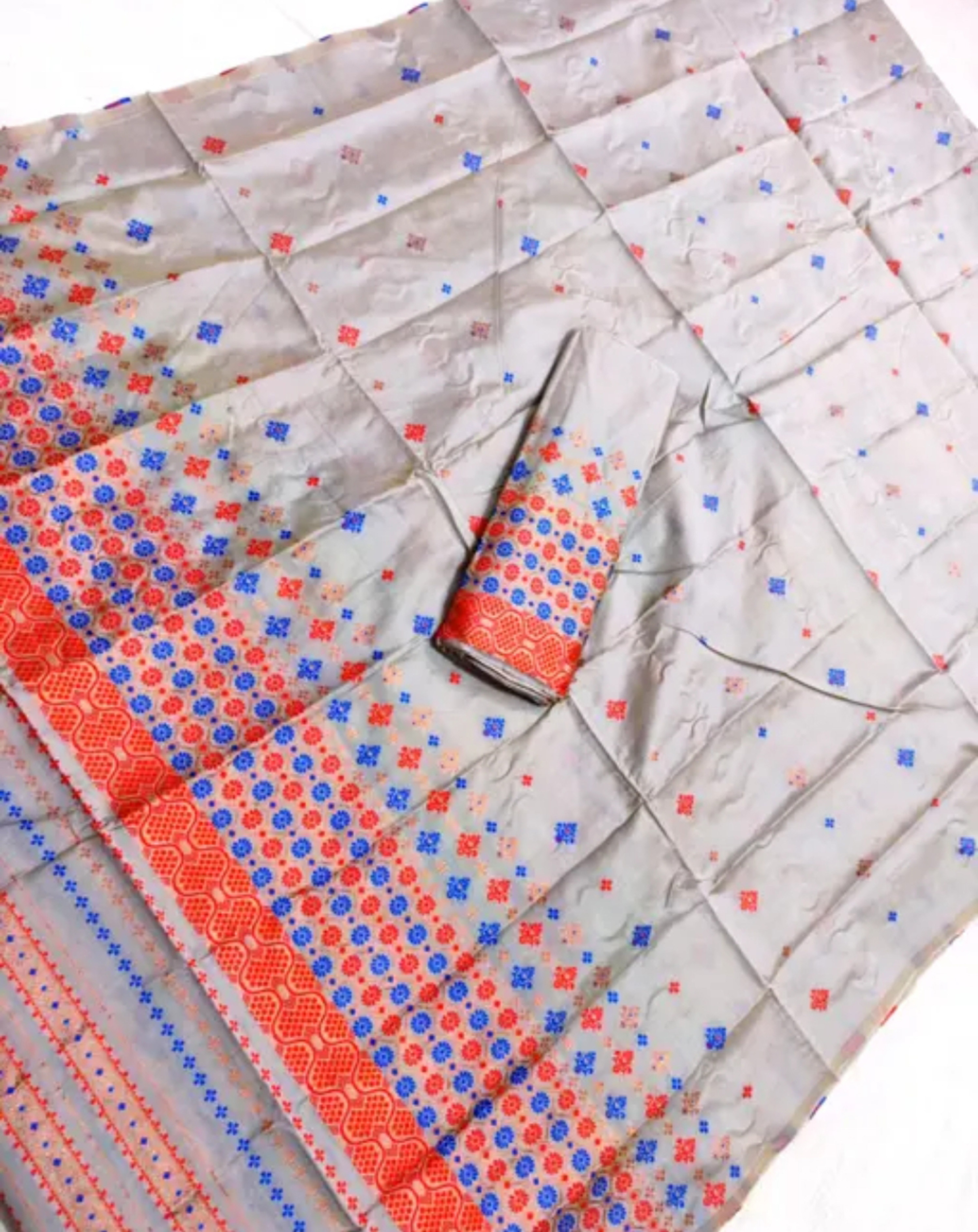 Women`s Bridal Wedding Assamese Mekhela Sador - Silver Red