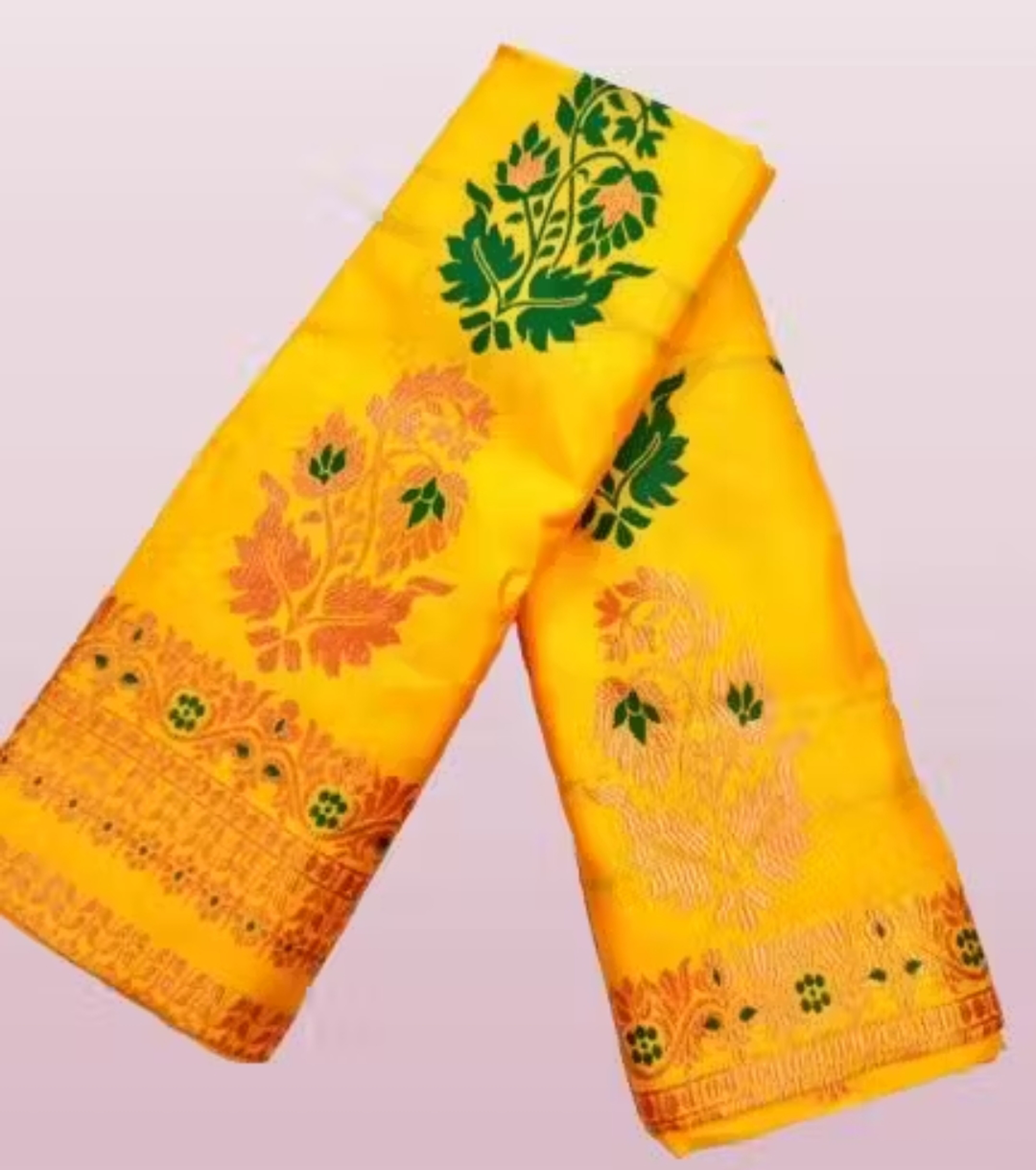 Women`s Assamese Mekhela Sador Paat Santal Panchi Lungi Parhar Fabric of Soft Silk Traditional Design- Yellow Green