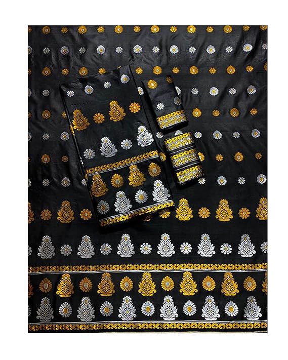 Women`s Assamese Mekhela Sador Fabric of Banarasi Silk Traditional Design- Black Gold