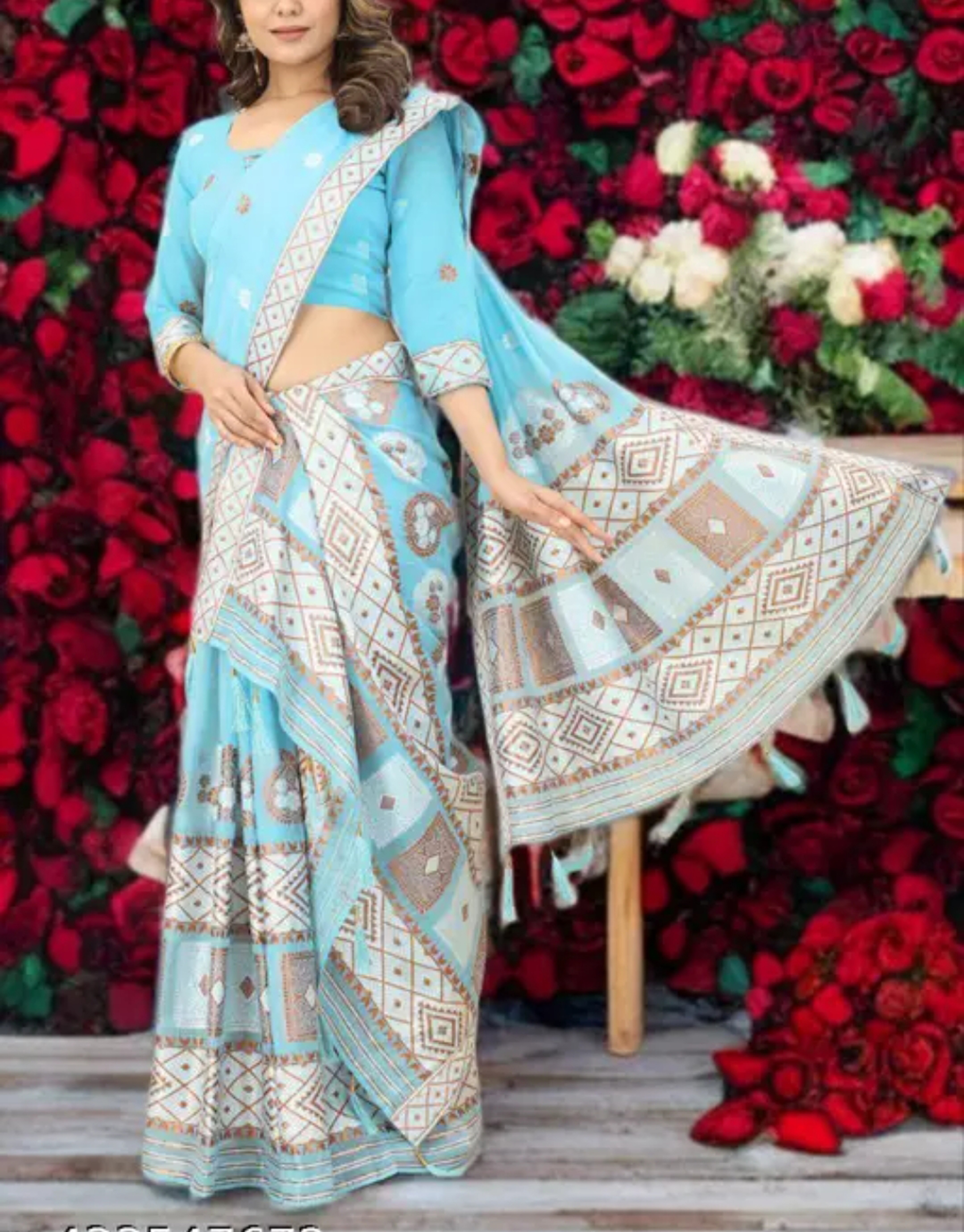Traditional Assamese Mekhela Sador Pure Fabric Soft Silk Traditional Jhapi Design - Sky Blue