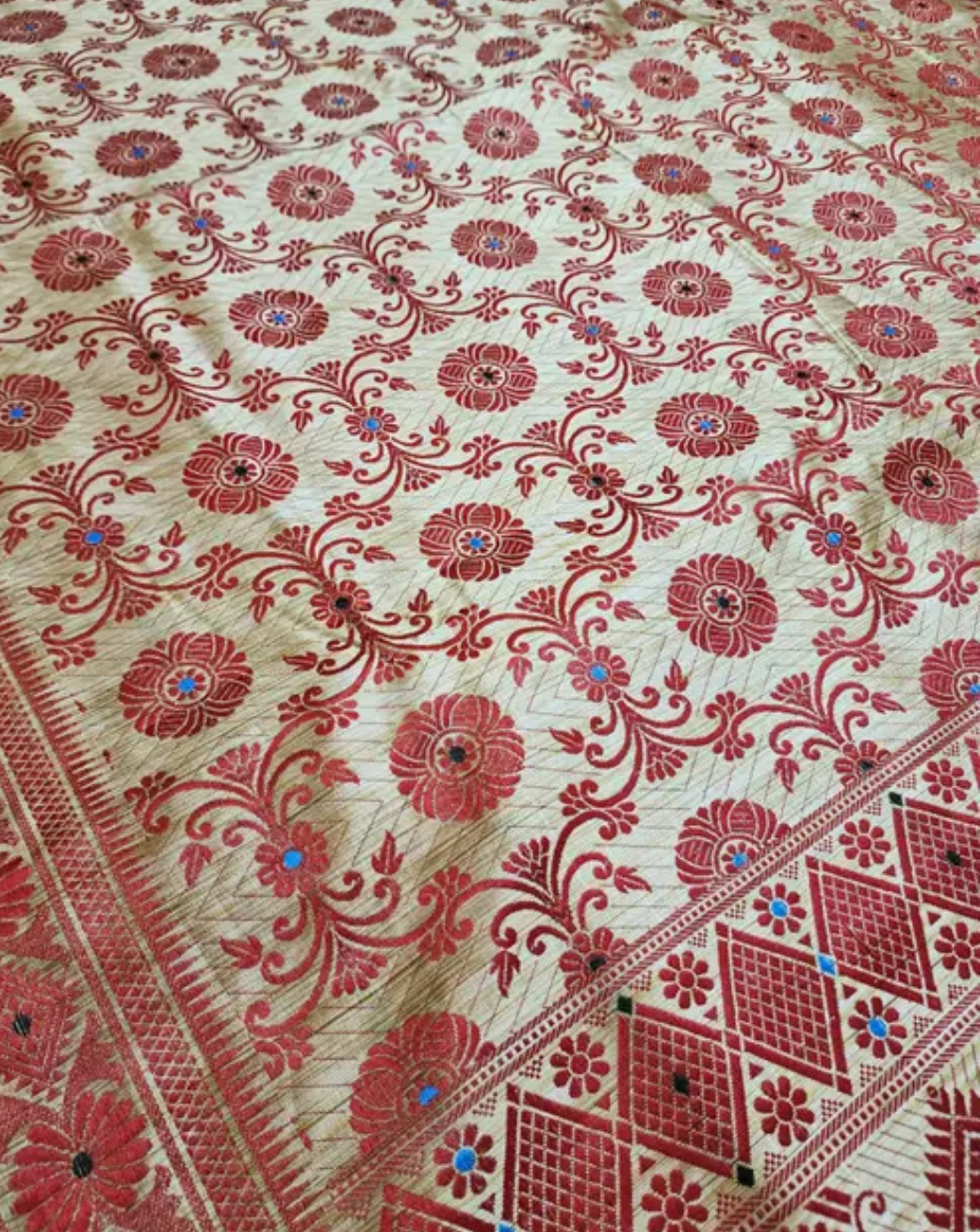 Bridal Cream Green Assamese Mekhela Sador Handcrafted Chador