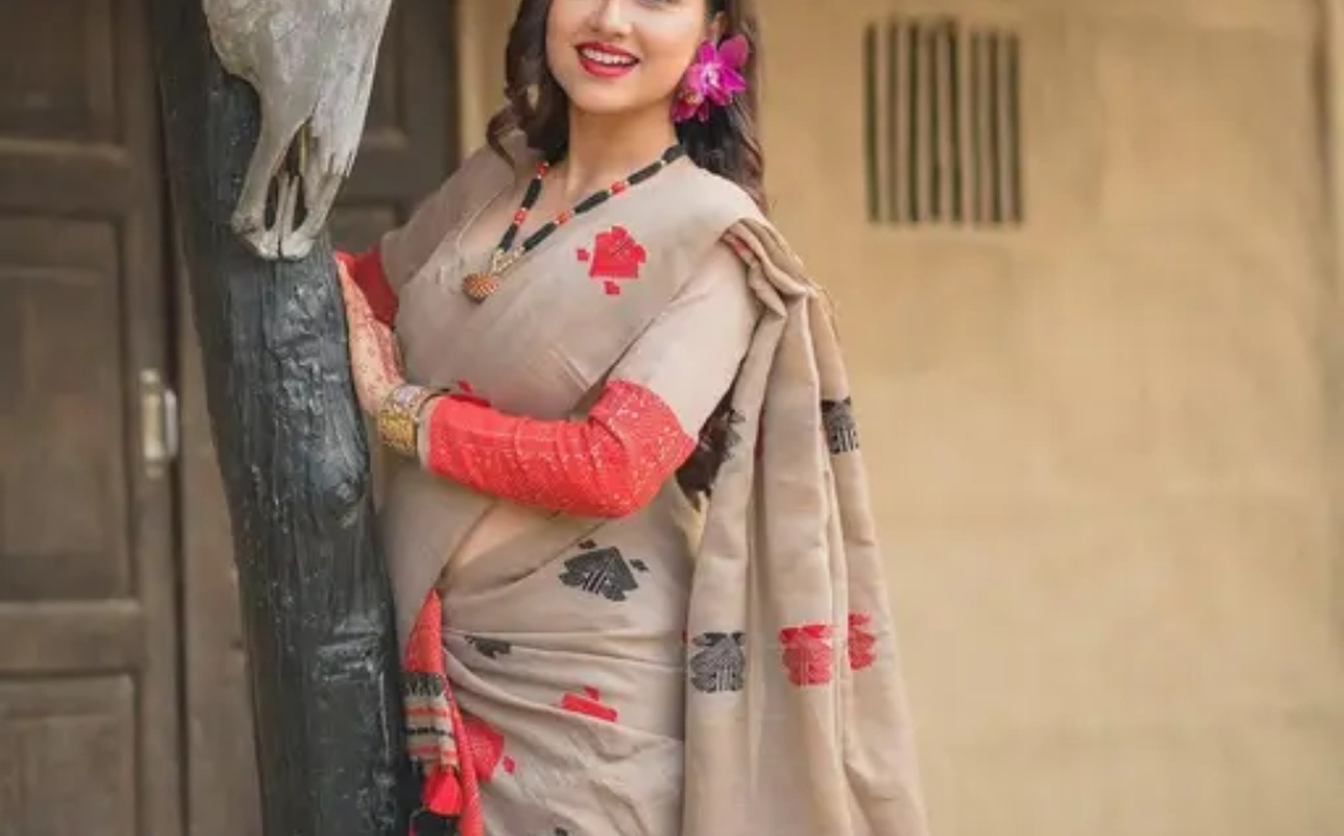 Beige and Red Bridal Wedding Assamese Mekhela Sador Handcrafted Chador