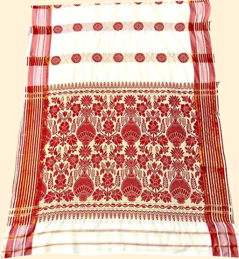  Assamese Gamosa Gamusa Traditional Motif With Culture Cotton Handloom- Red-White 