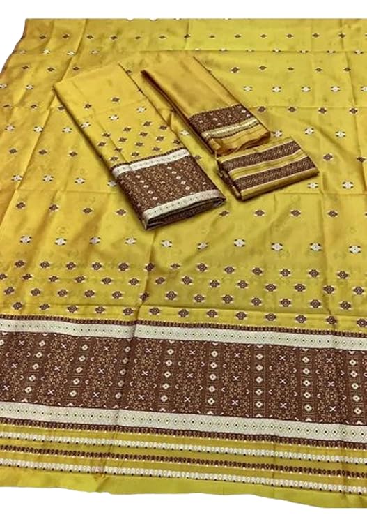 Women`s Bridal Assamese Mekhela Sador Jura Santal Panchi Parhar Pure Fabric Soft Silk Traditional Design- Yellow Brown