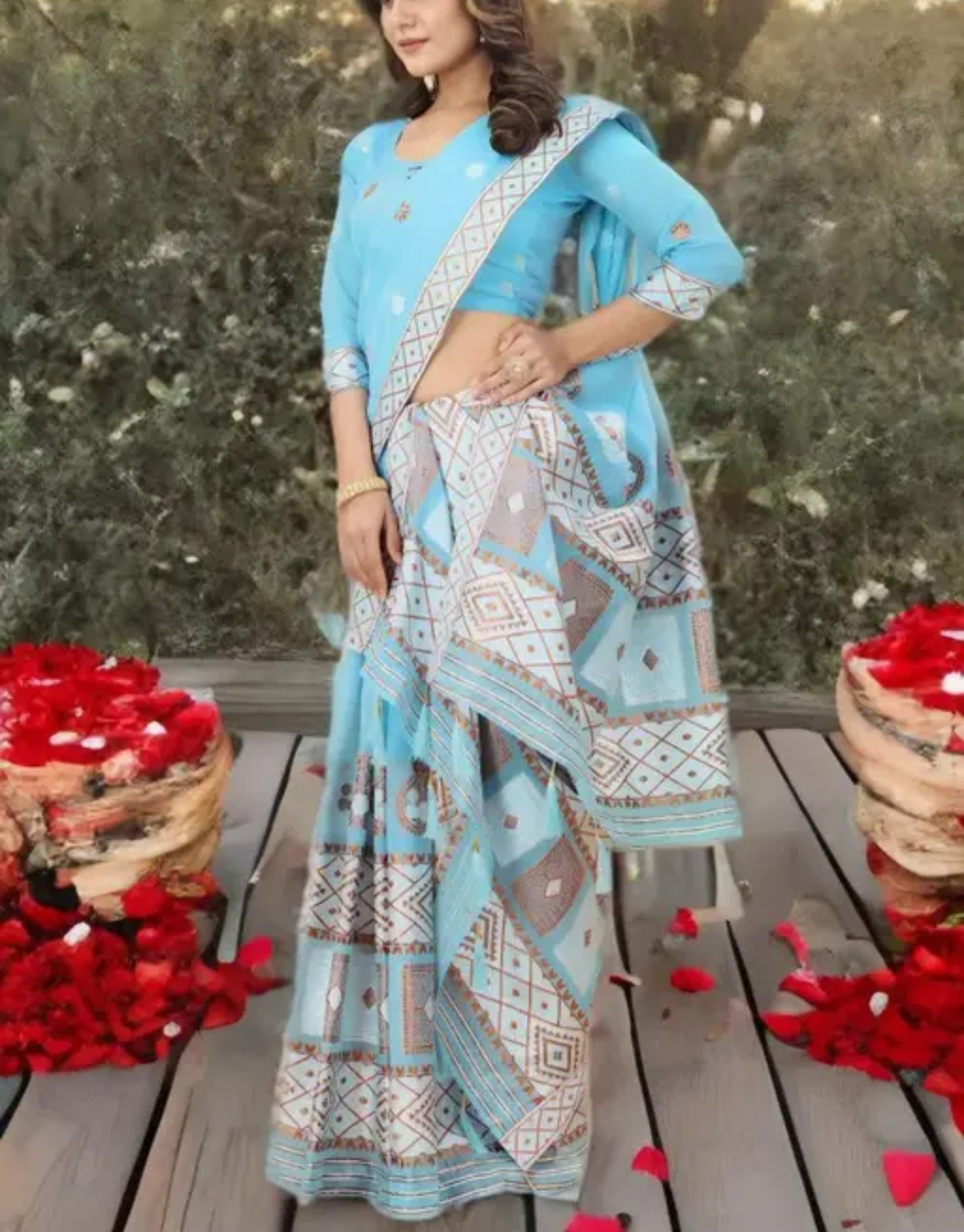 Traditional Assamese Mekhela Sador Pure Fabric Soft Silk Traditional Jhapi Design - Sky Blue