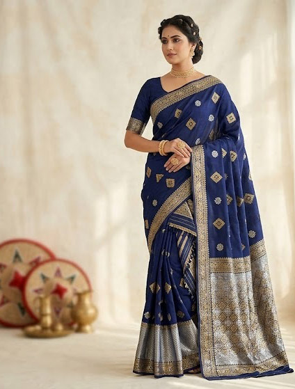 Bridal Cream Green Assamese Mekhela Sador Handcrafted Chador -Dark Blue