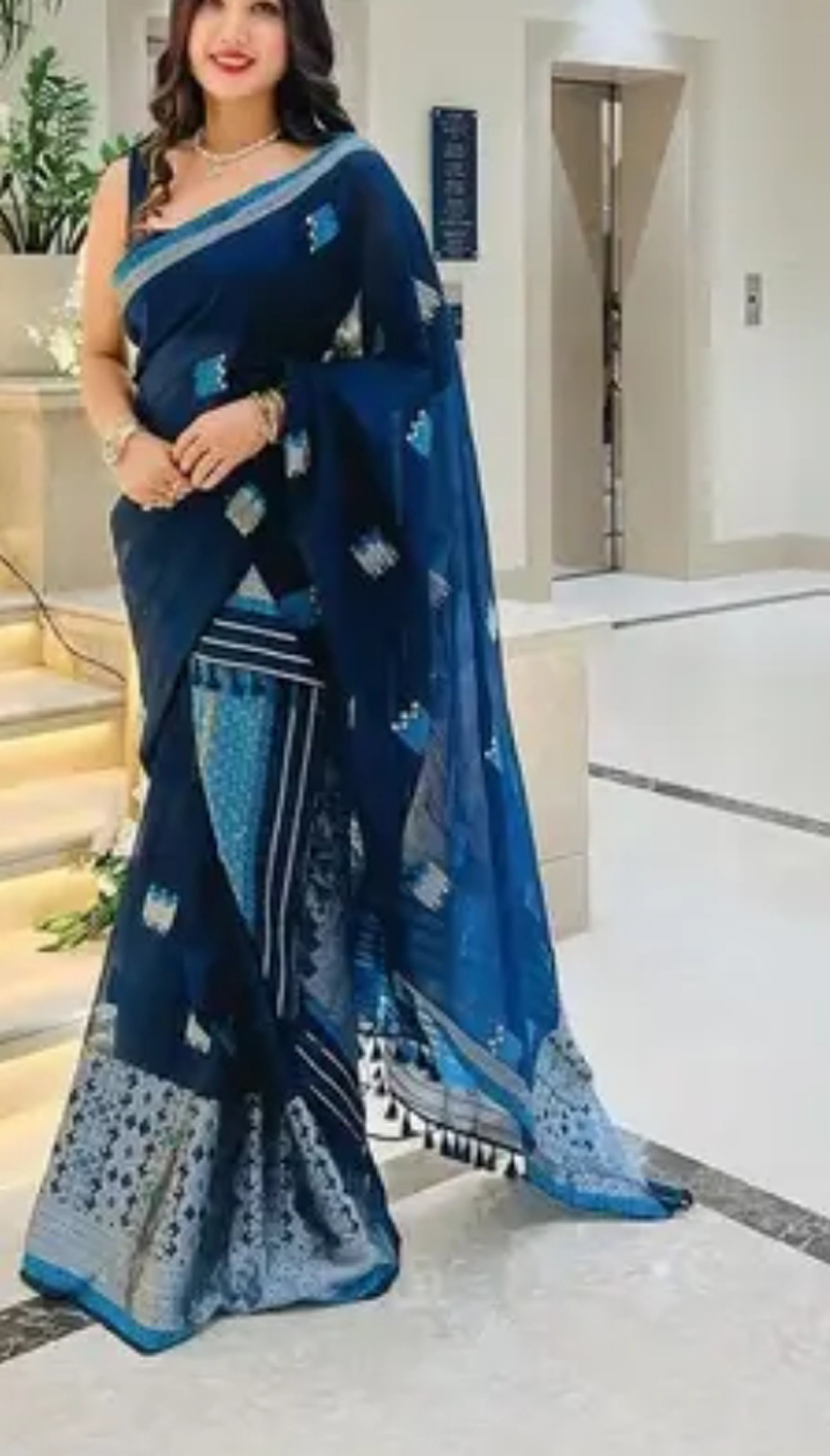 Assamese Mekhela  Blue Square Design Embroidery Sador Chador