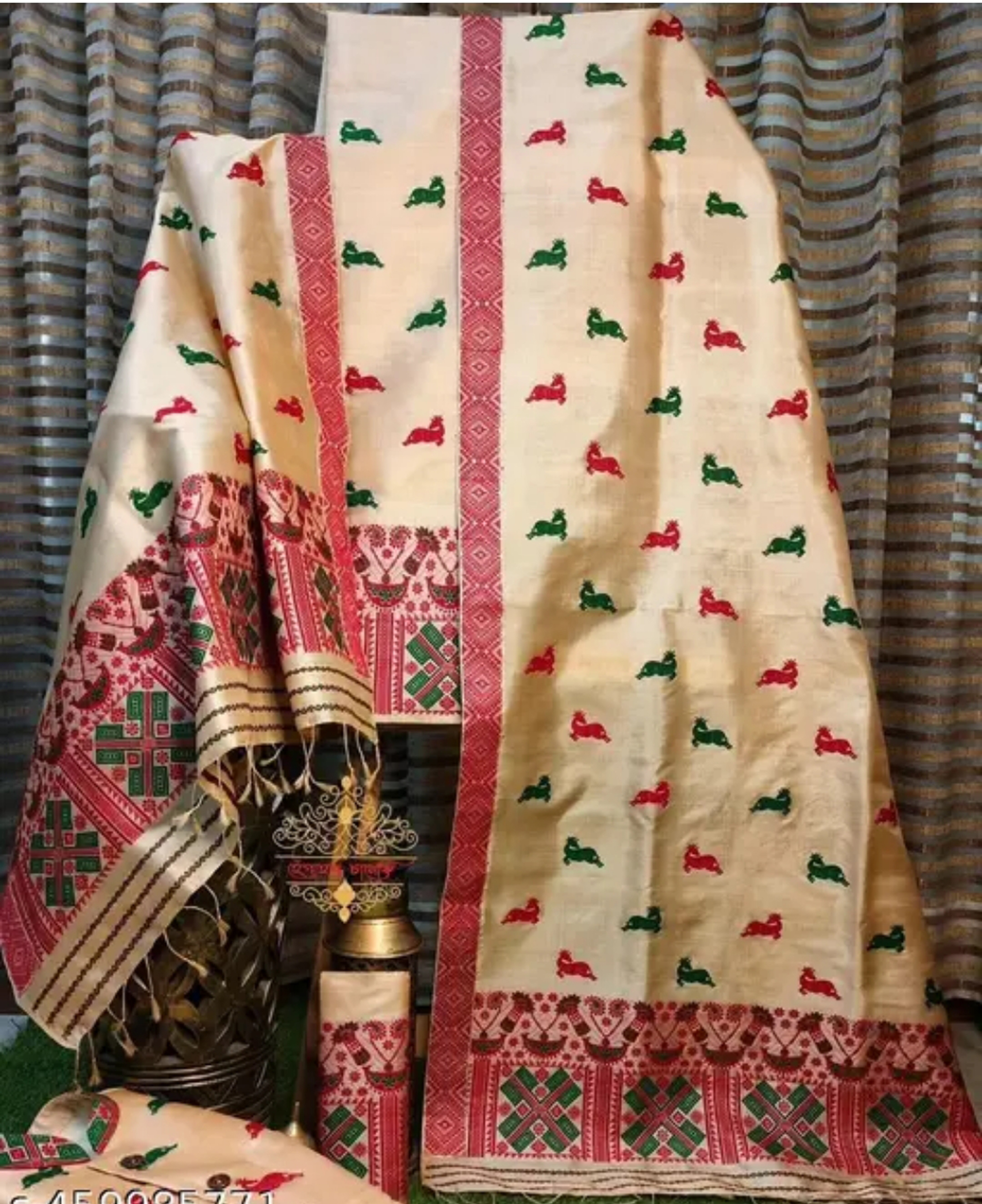 Bridal Cream Green Assamese Mekhela Sador Handcrafted Chador - Cream Red