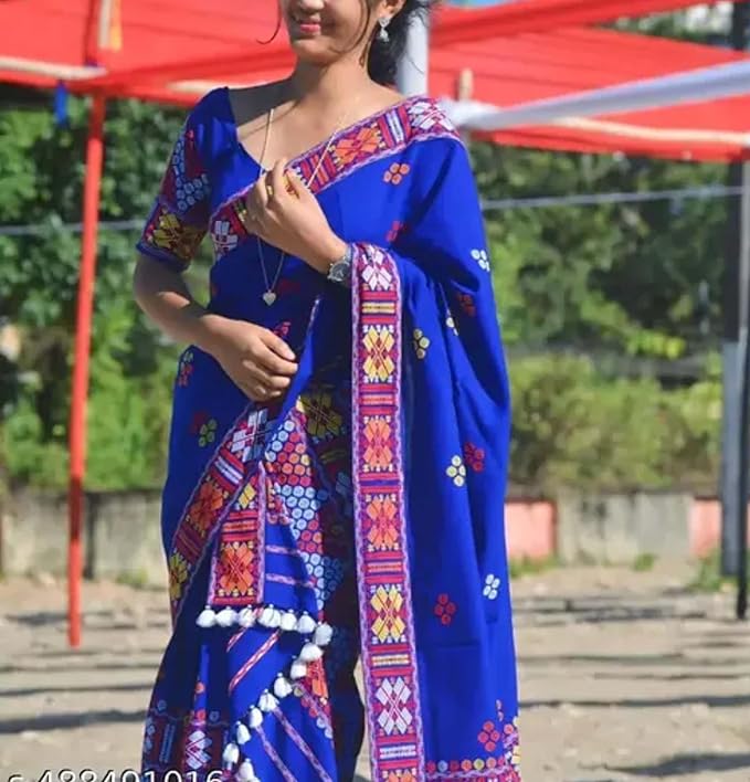 Women`s Assamese Mekhela Sador Santal Panchi Lungi Parhar Fabric of Soft Silk Traditional Design- Blue Design