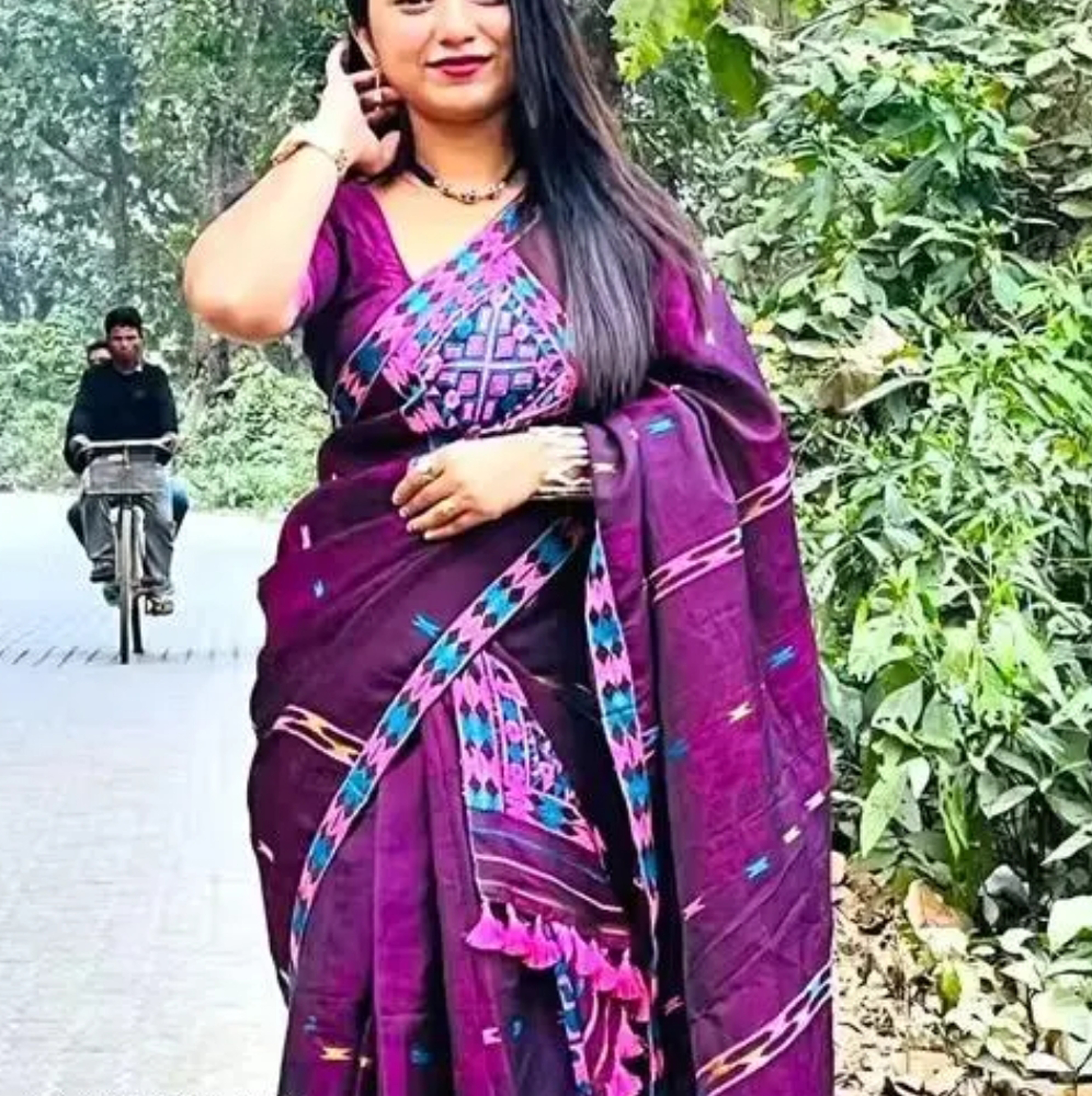 Bridal Cream Green Assamese Mekhela Sador Handcrafted Chador - Purple
