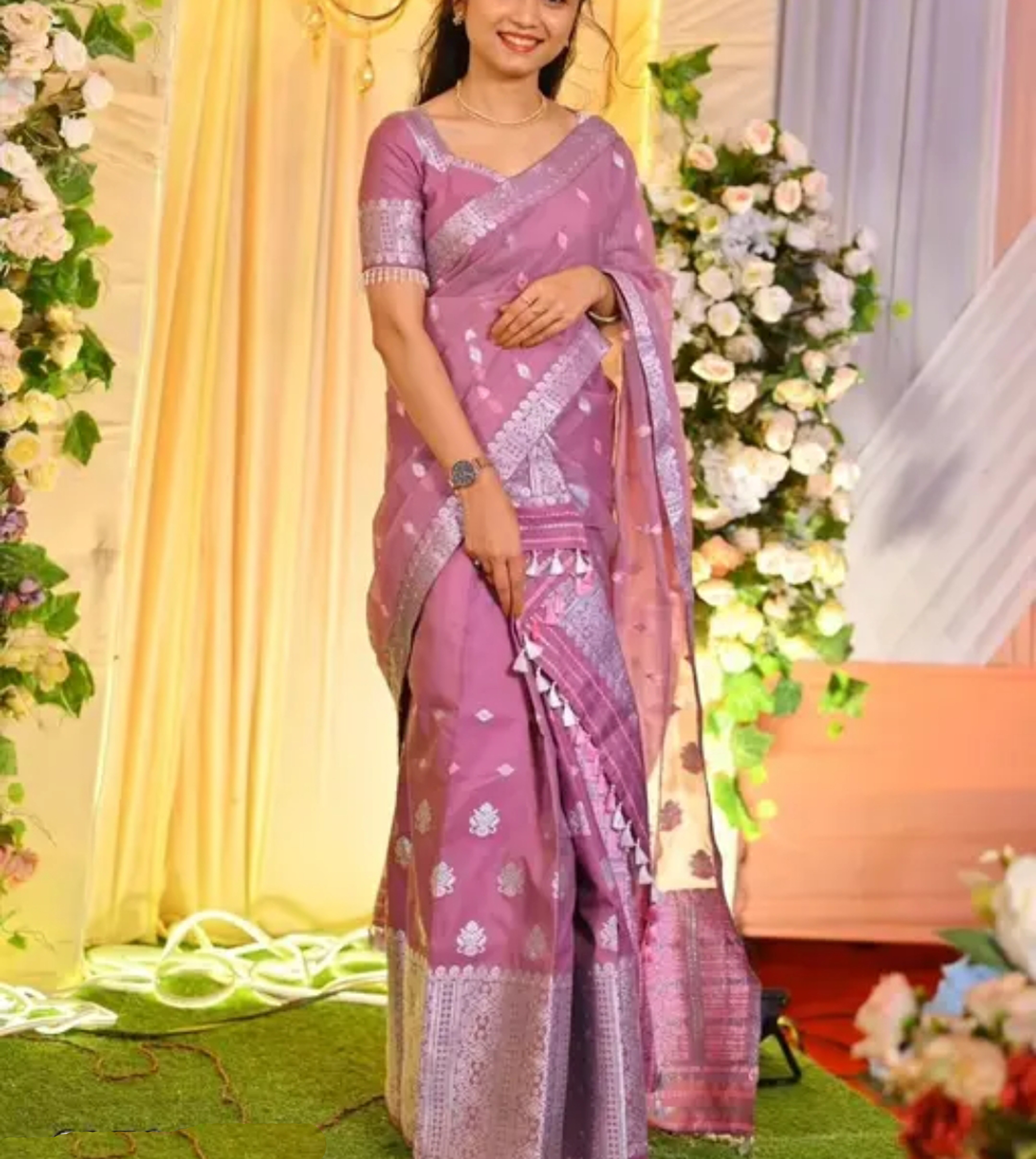 Assamese Mekhela Peach Pink Embroidery Sador Chador