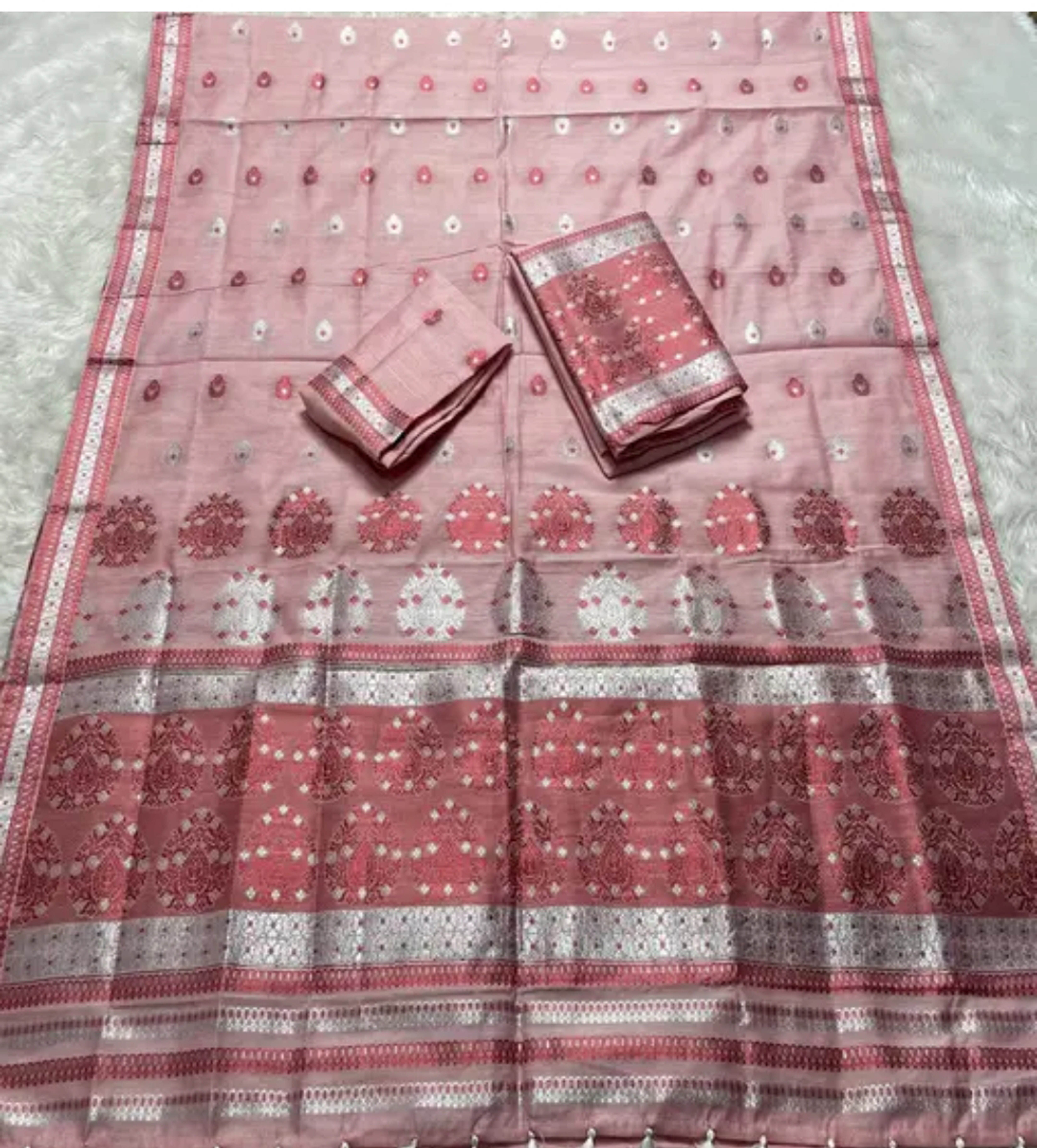 Bridal Cream Green Assamese Mekhela Sador Handcrafted Chador - Pink