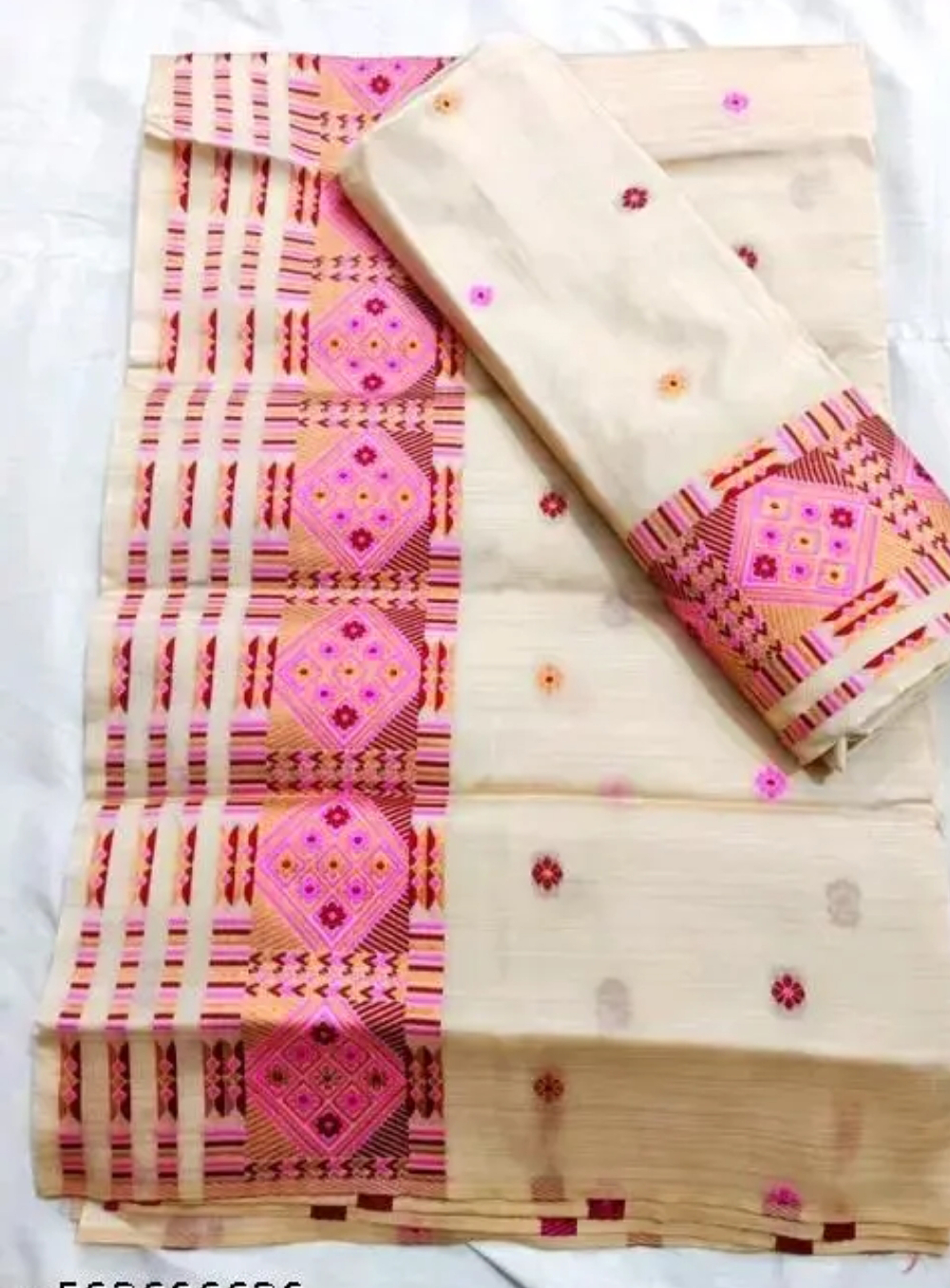 Bridal Cream Pink Assamese Mekhela Sador Handcrafted Chador
