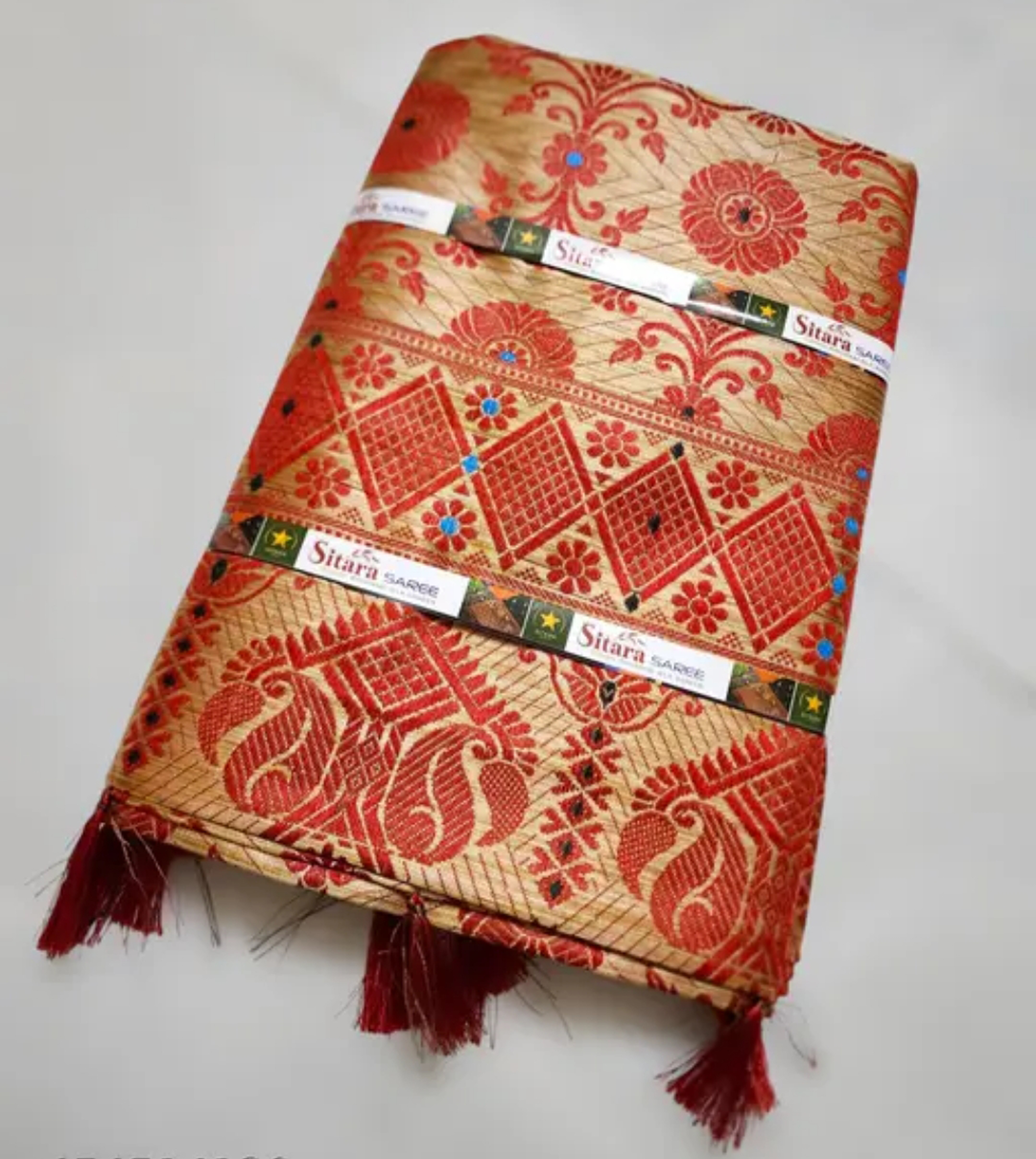 Bridal Cream Green Assamese Mekhela Sador Handcrafted Chador