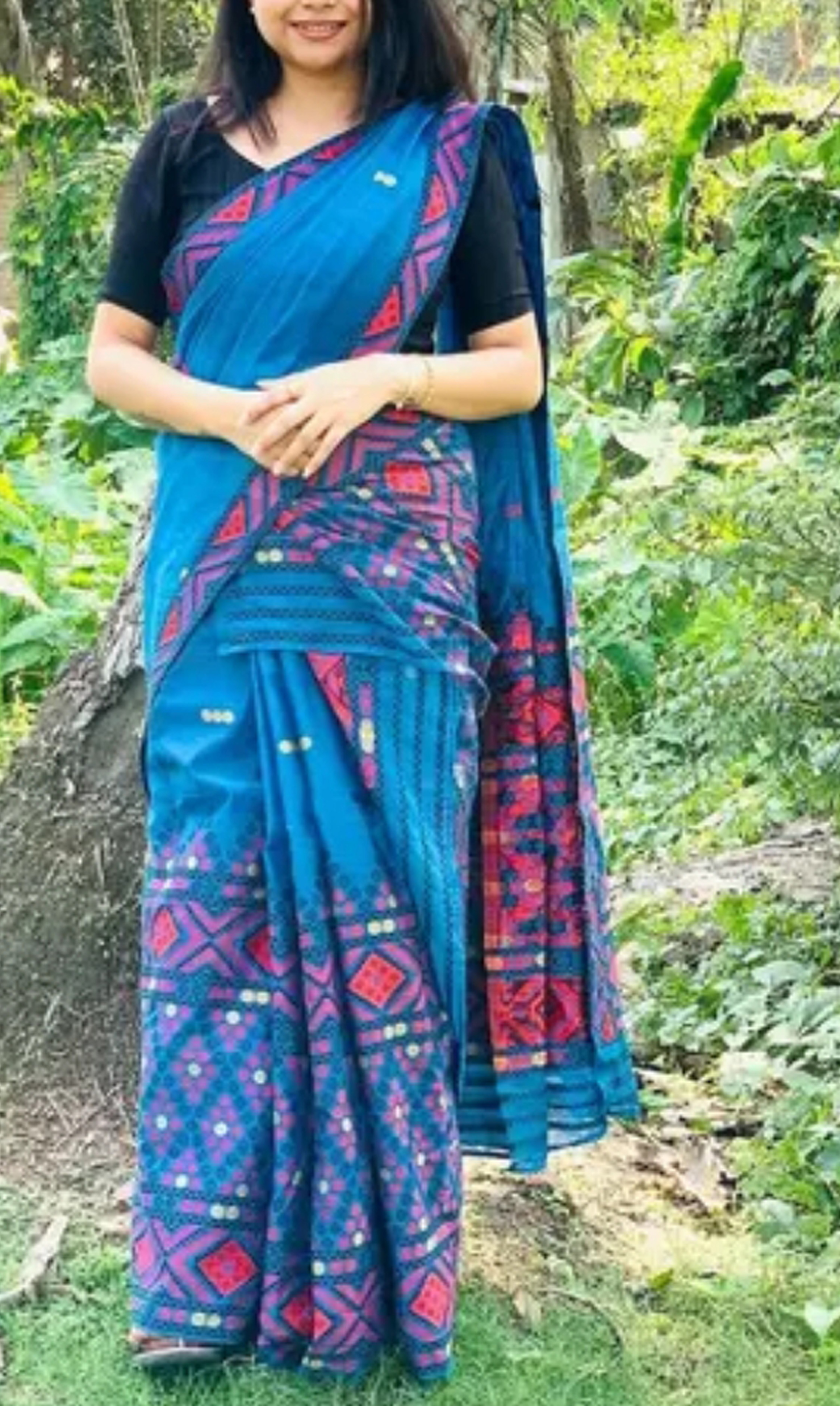 Assamese Mekhela Sky Blue Red Design Embroidery Sador Chador