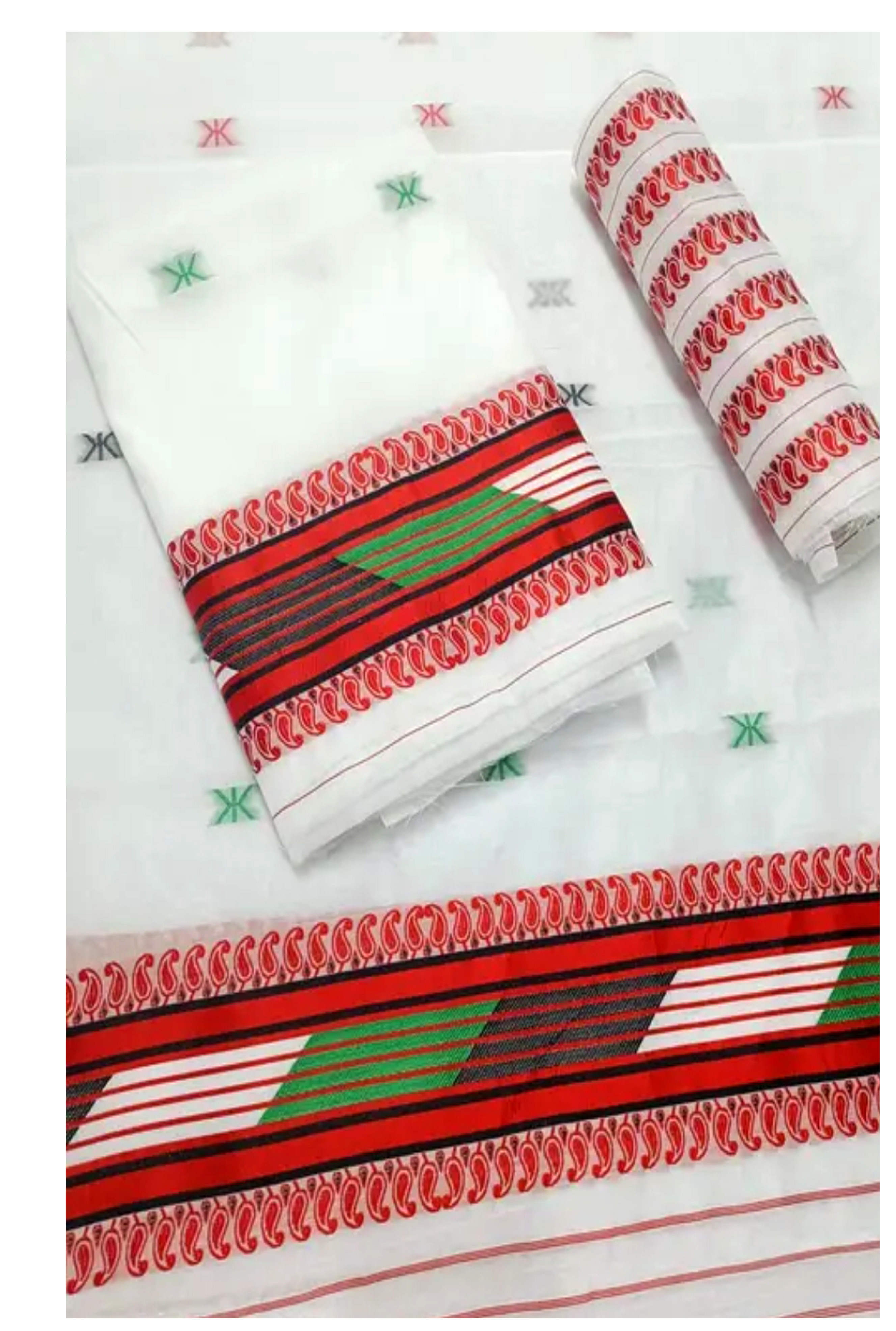 Bridal Cream Green Assamese Mekhela Sador Handcrafted Chador - White