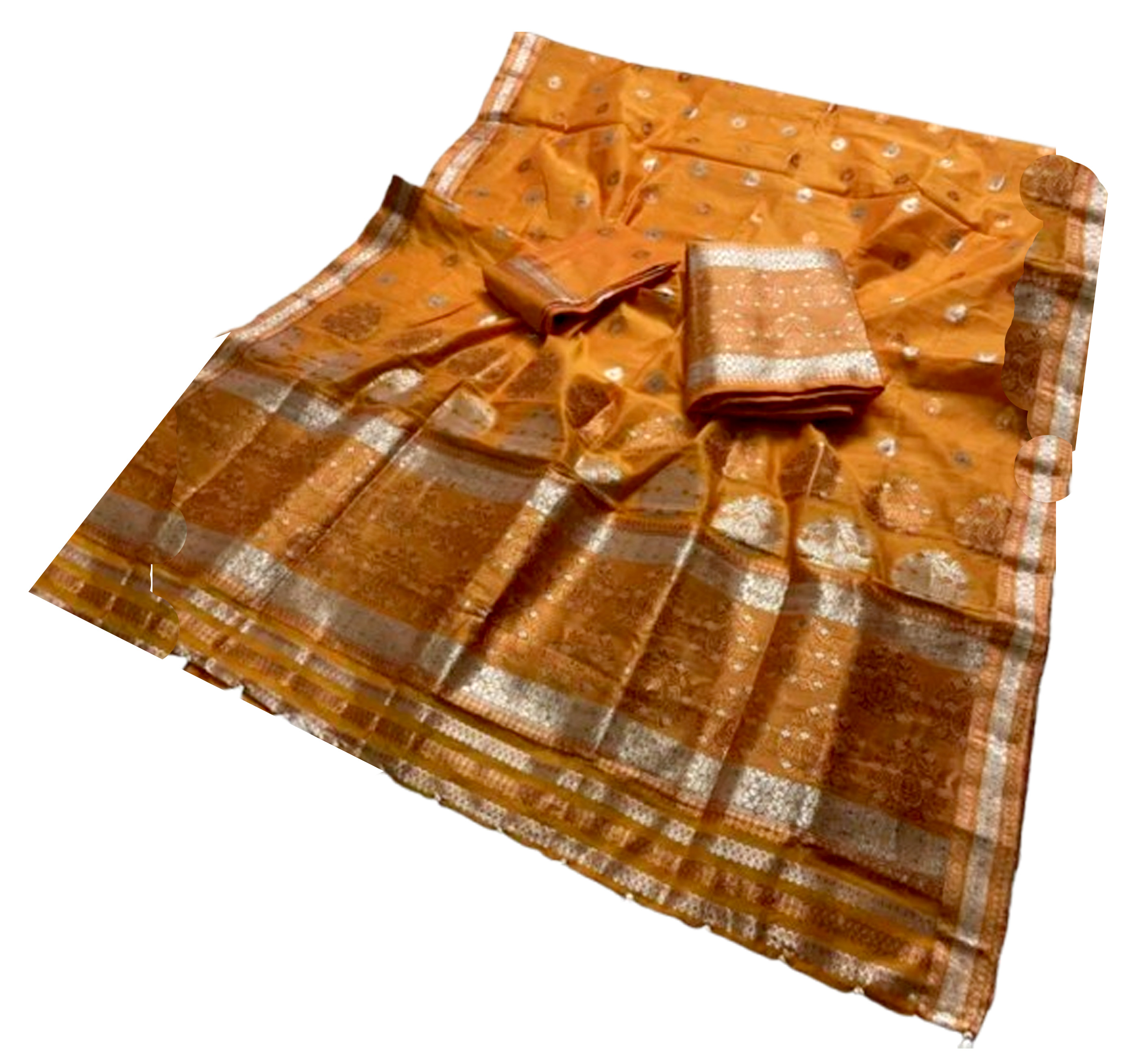 Bridal Cream Green Assamese Mekhela Sador Handcrafted Chador - Saffron Orange