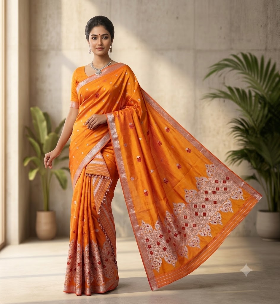 Bridal Cream Green Assamese Mekhela Sador Handcrafted Chador - Saffron Orange