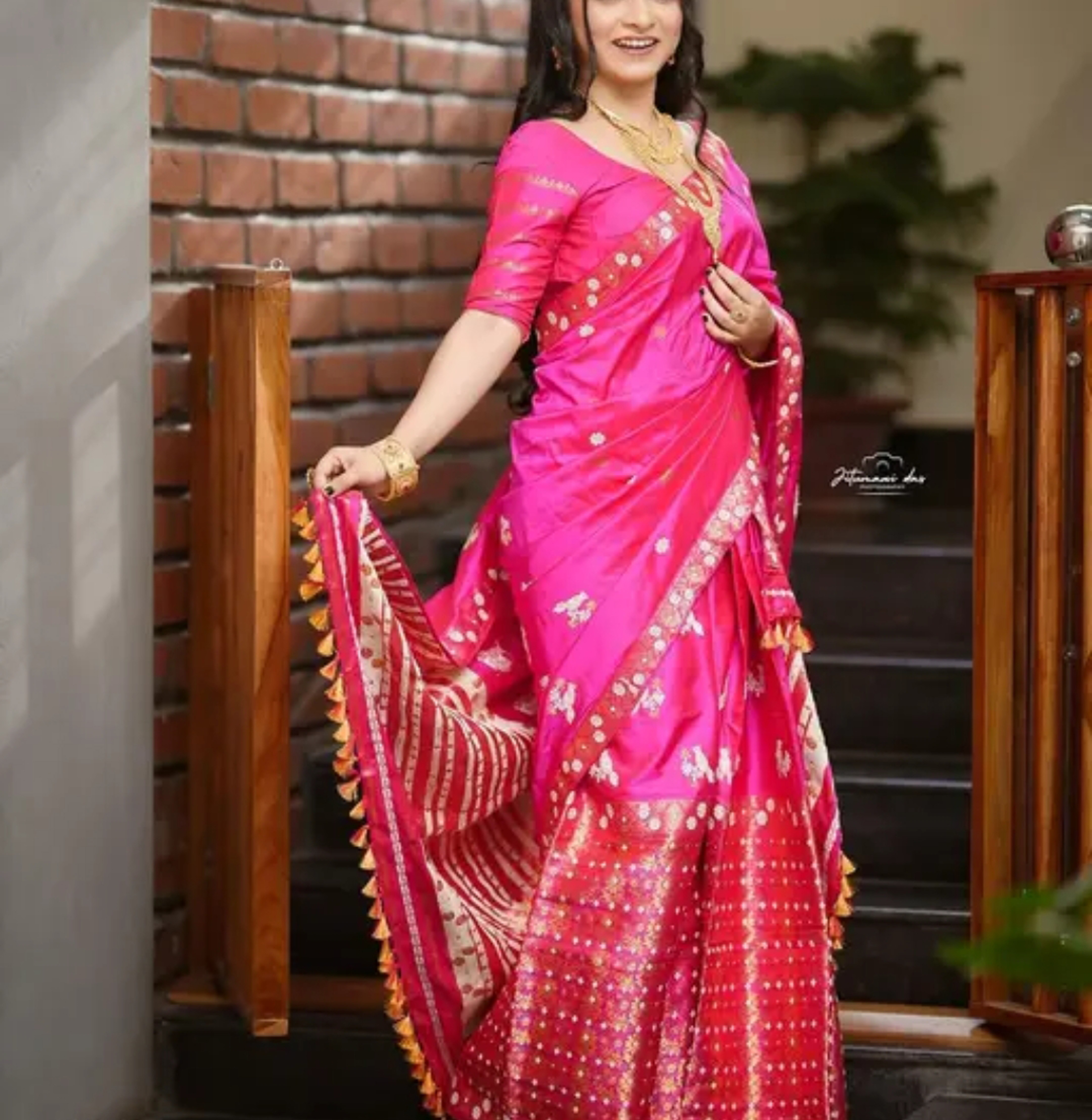 Bridal Pink Assamese Mekhela Sador Handcrafted Chador