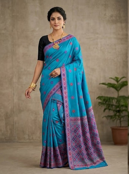 Bridal Cream Green Assamese Mekhela Sador Handcrafted Chador - Sky Blue