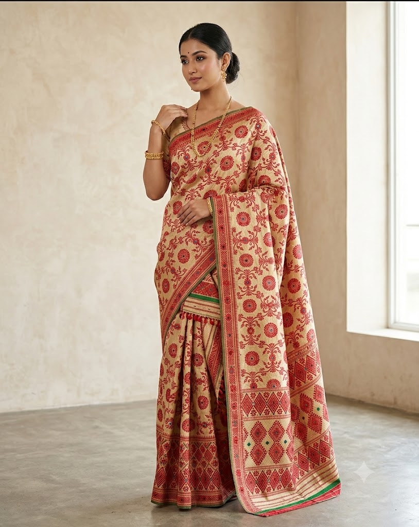 Bridal Cream Green Assamese Mekhela Sador Handcrafted Chador