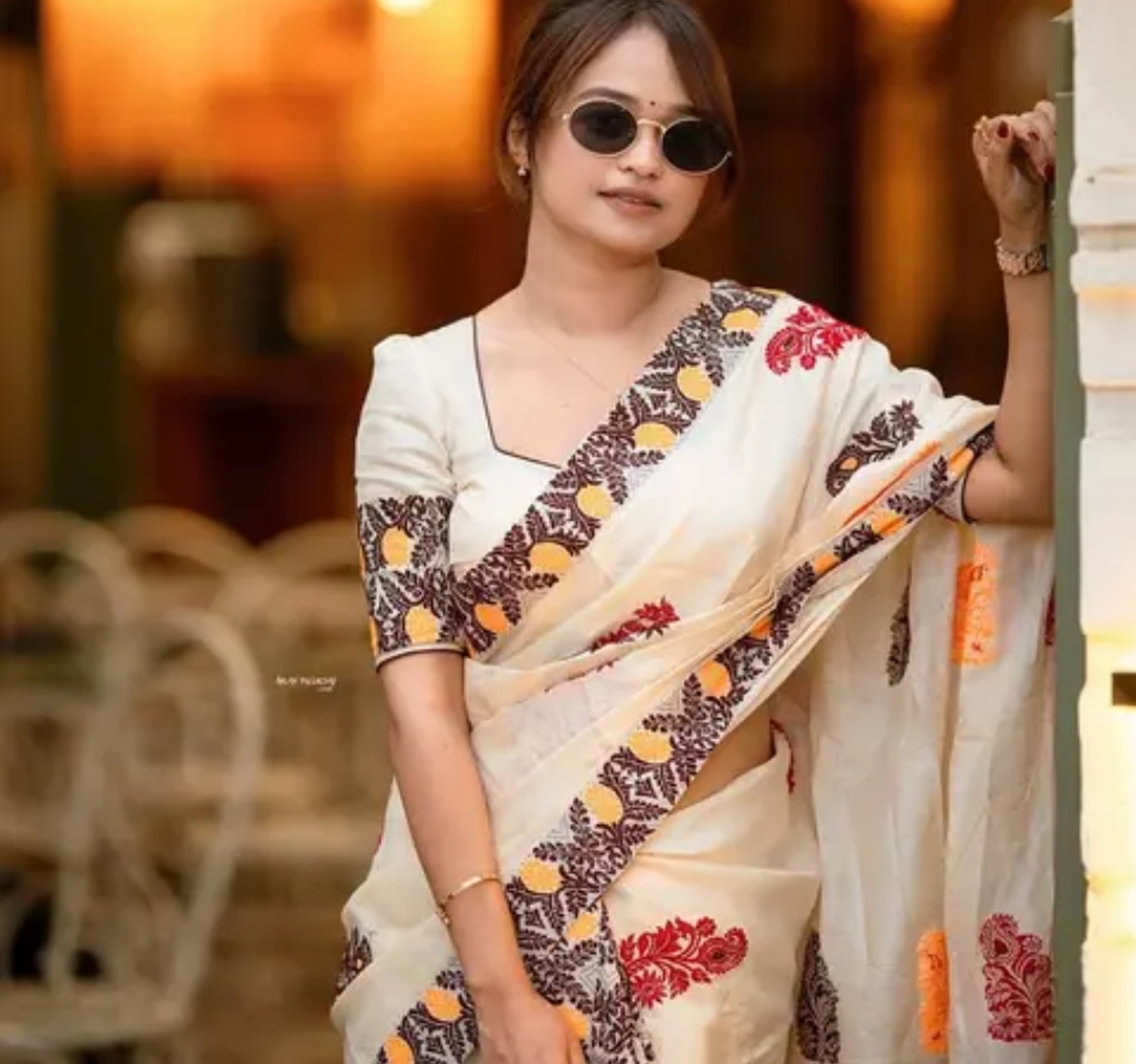 Bridal Cream Green Assamese Mekhela Sador Handcrafted Chador - Cream Ball